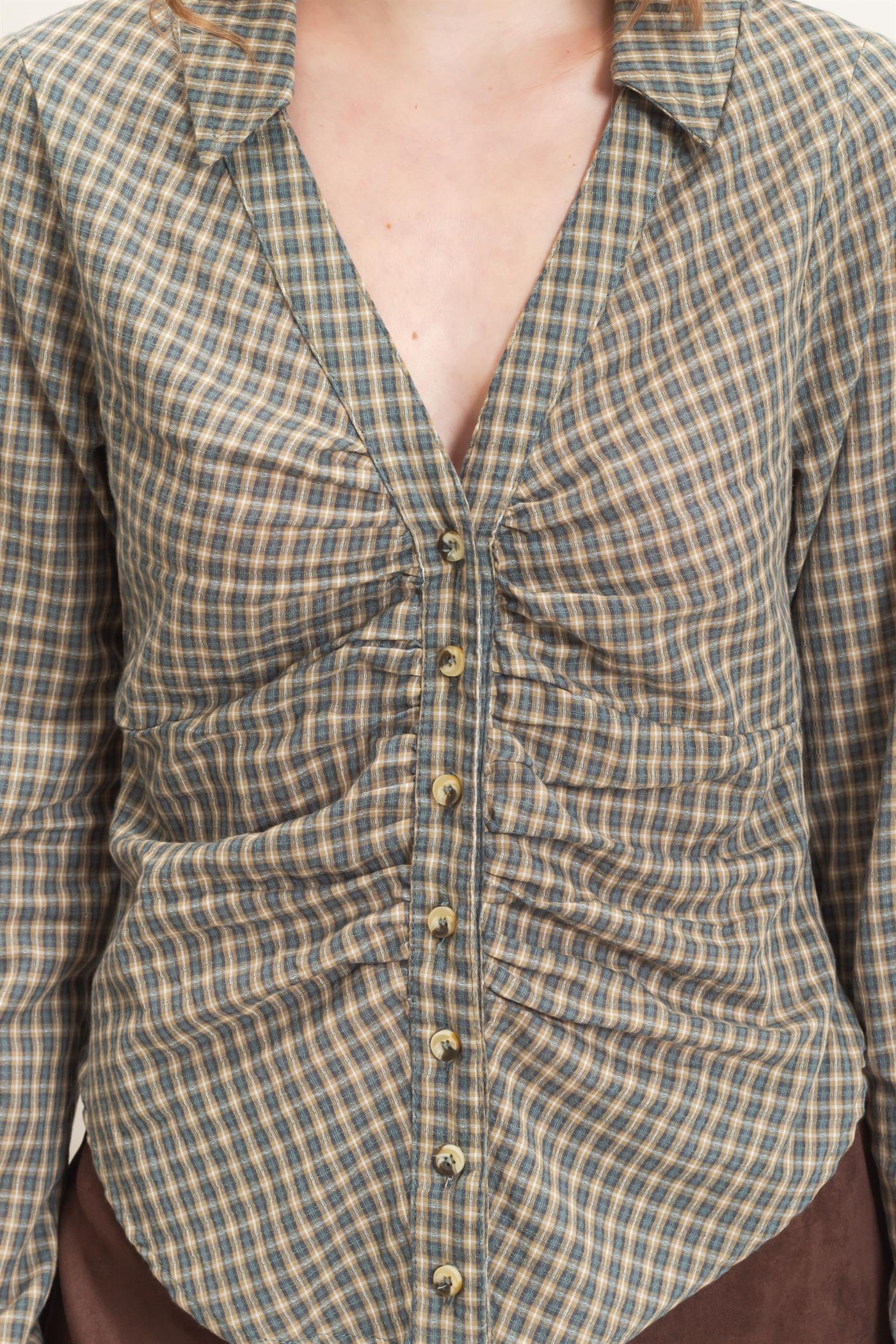 Wholesale Ruched Button-Down Shirt Blouses HF26E348 TEAL BLUE HYFVE
