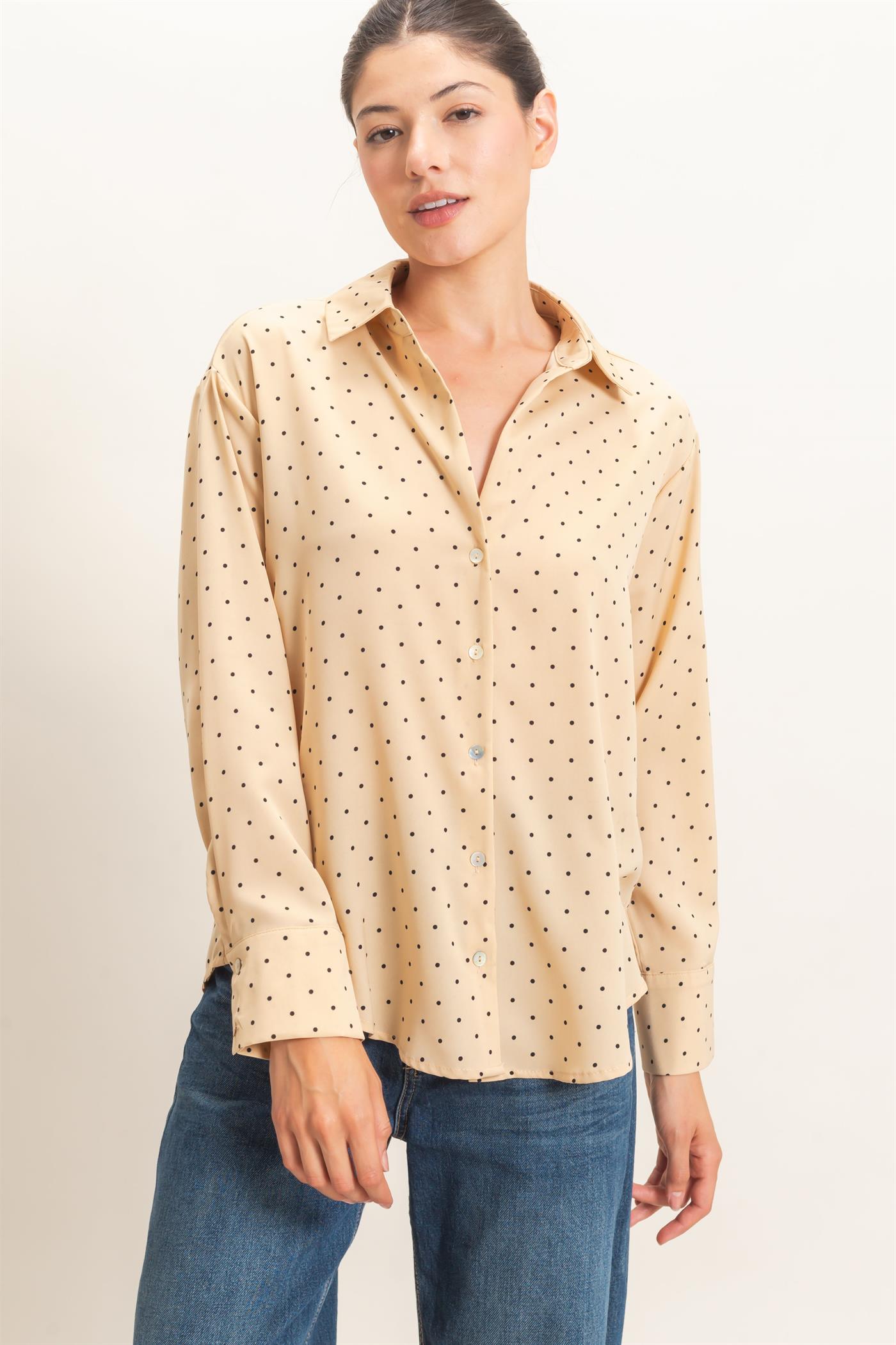 Wholesale Button-Up Polka Dot Shirt Shirts HF26F401 BEIGE HYFVE
