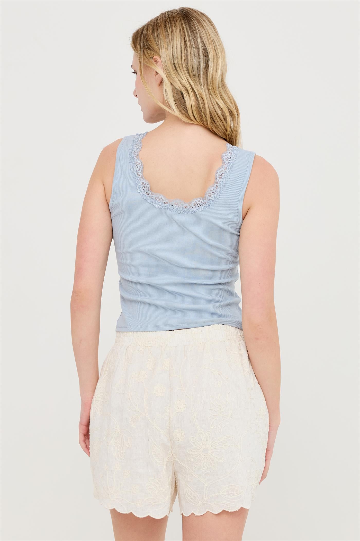 Wholesale Lace Trim Ribbed Tank Top Clothing Tops HF26A295 L.BLUE HYFVE