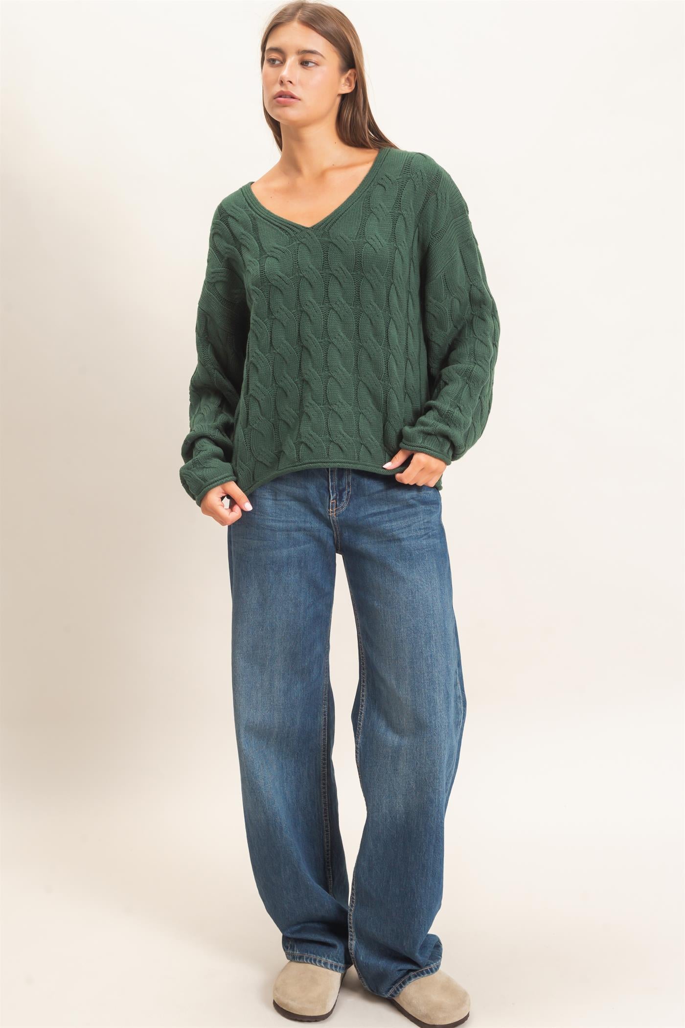 Wholesale Cable Knit V-Neck Sweater Sweaters DZ26E087 DARK GREEN DOUBLE ZERO