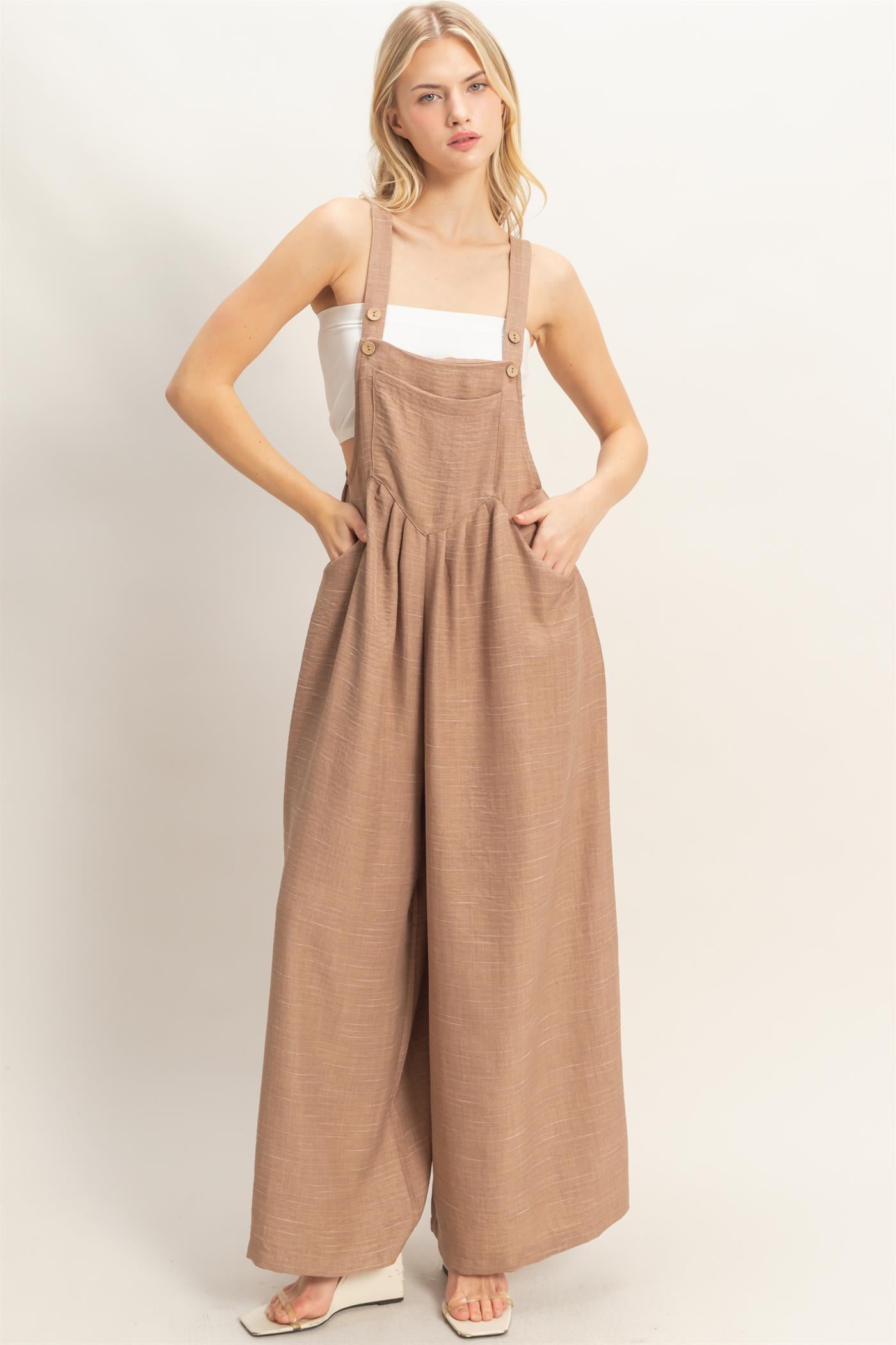 Wholesale Wide Leg Overall Jumpsuit Clothing HF26C322 L.BROWN HYFVE