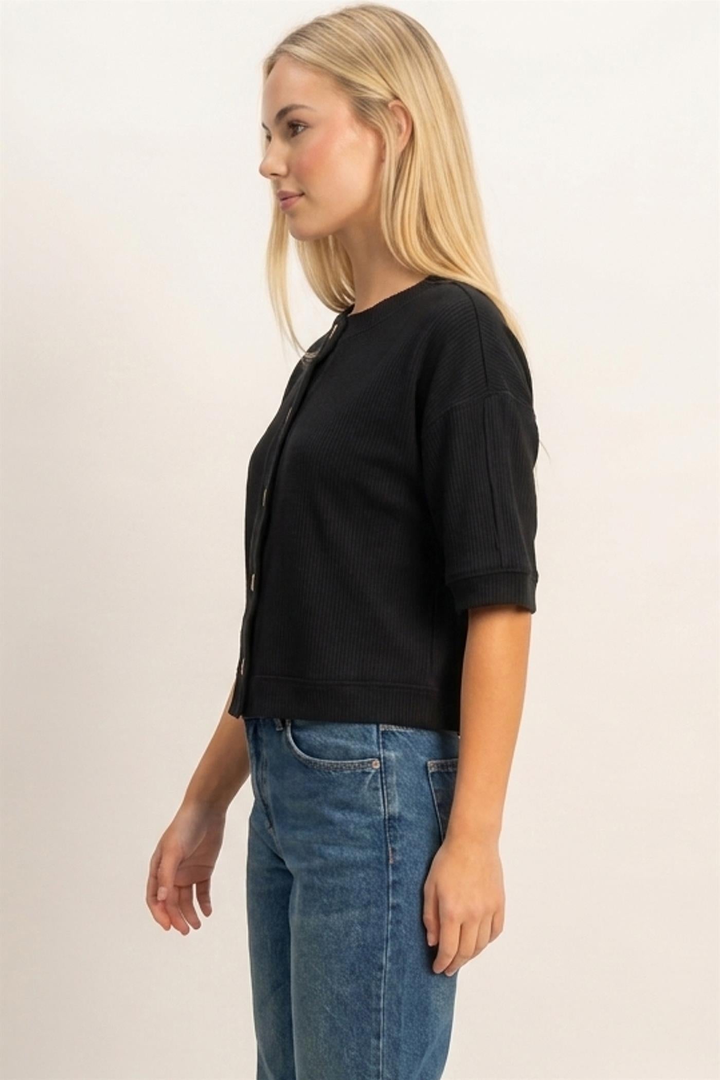 Wholesale Button-Down Short Sleeve Waffle Top Clothing Tops DZ26F244 BLACK DOUBLE ZERO