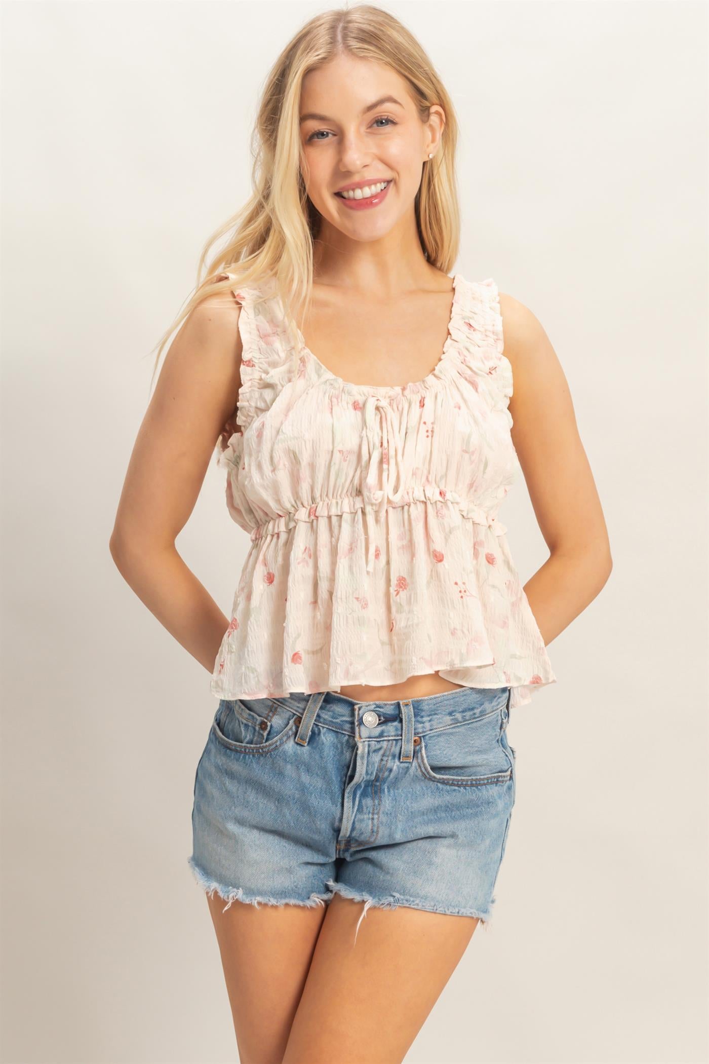 Wholesale Ruffled Swiss Dot Peplum Top Blouses HF26A146 ROSE HYFVE