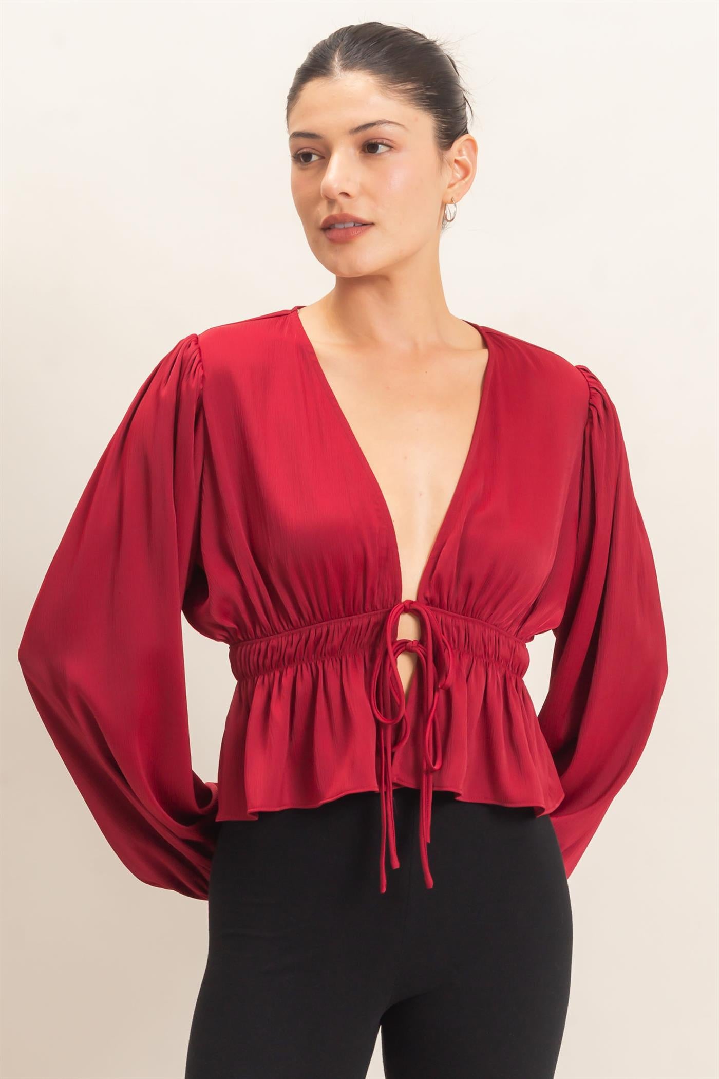 Wholesale Plunging Tie-Front Blouse Blouses HF26F082 BURGUNDY HYFVE