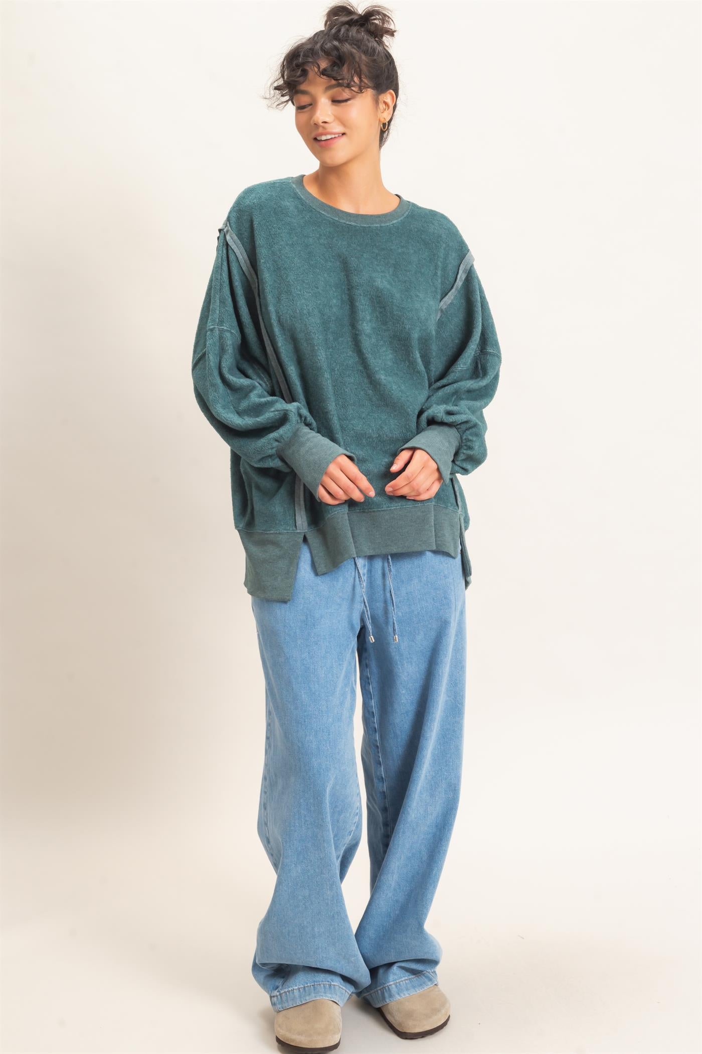 Wholesale Oversized Raw Edge Crew Neck Sweatshirt Sweatshirts DZ26E273 DARK TEAL DOUBLE ZERO