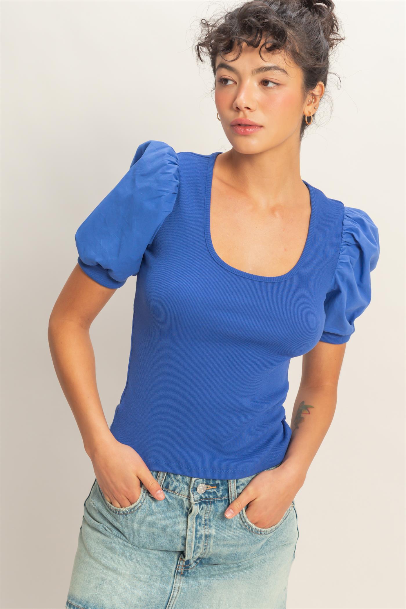 Wholesale Ribbed Puff Sleeve Scoop Neck Top Clothing Tops DZ26C071 COBALT DOUBLE ZERO
