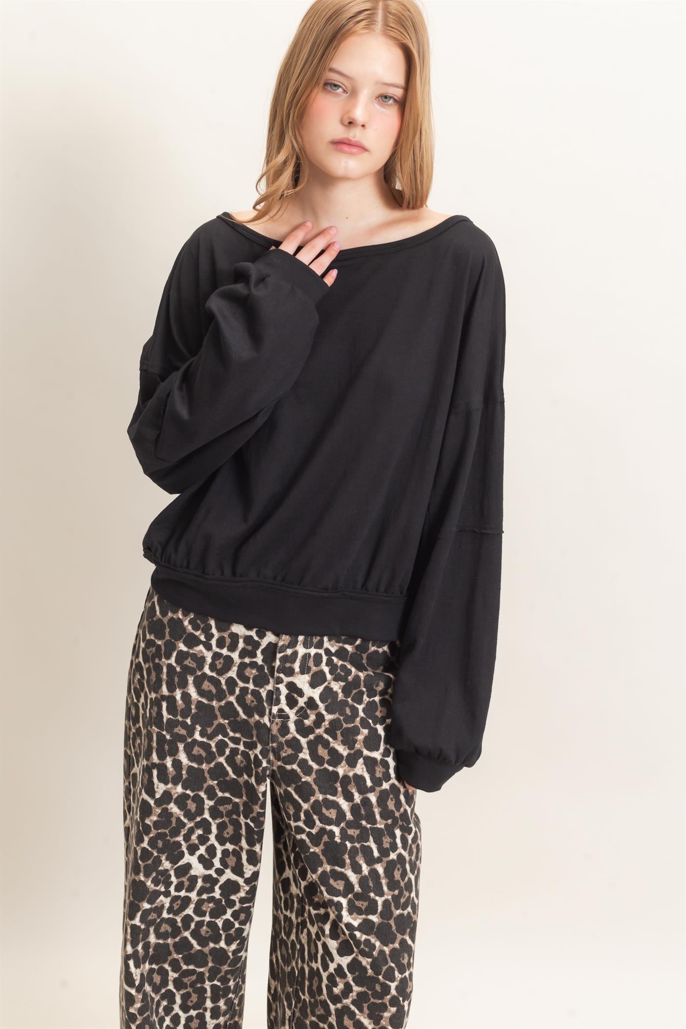 Wholesale Relaxed Boat Neck Long Sleeve Top Clothing Tops HF25F340 BLACK HYFVE
