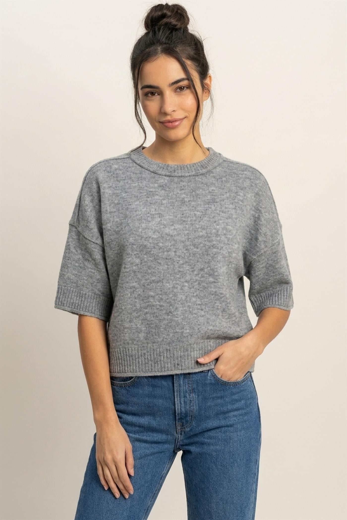 Wholesale Seam Detail Short Sleeve Knit Top Clothing Tops DZ26A827 HEATHER GRAY DOUBLE ZERO