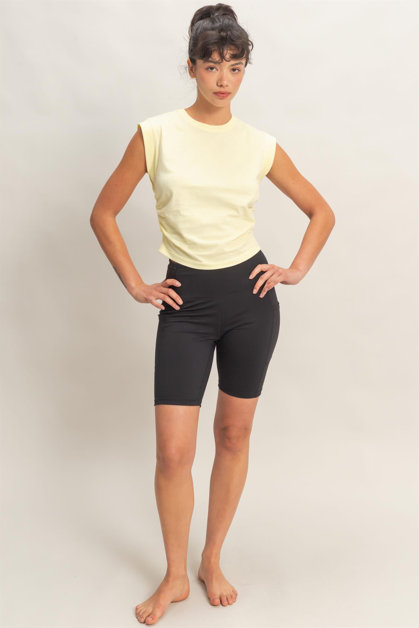 Wholesale Ruched Waist Sleeveless Cotton Top Clothing Tops DZ26C520 PALE YELLOW DOUBLE ZERO