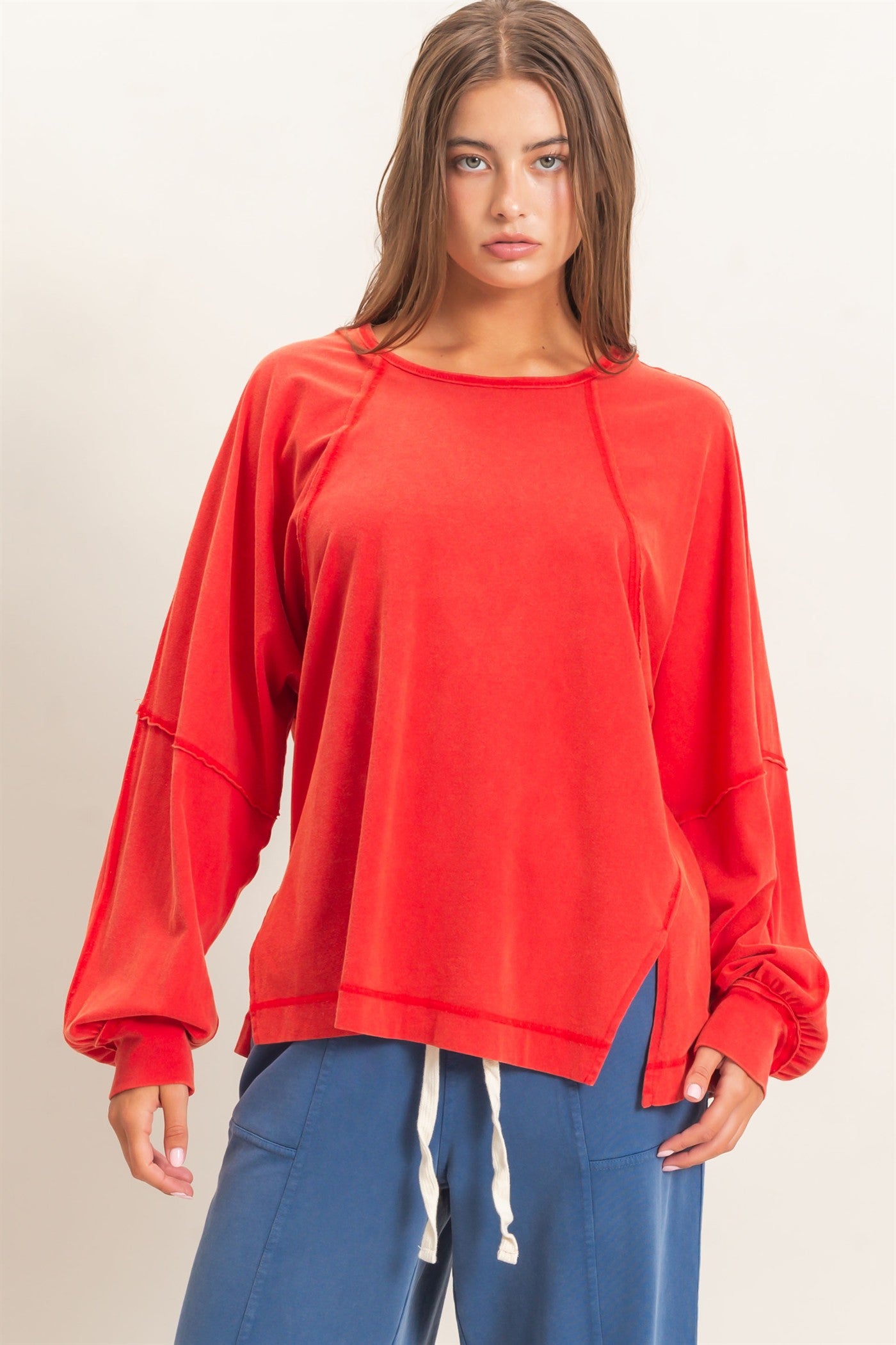 Wholesale Raglan Sleeve Snow Wash Top Shirts DZ26E945 RED DOUBLE ZERO