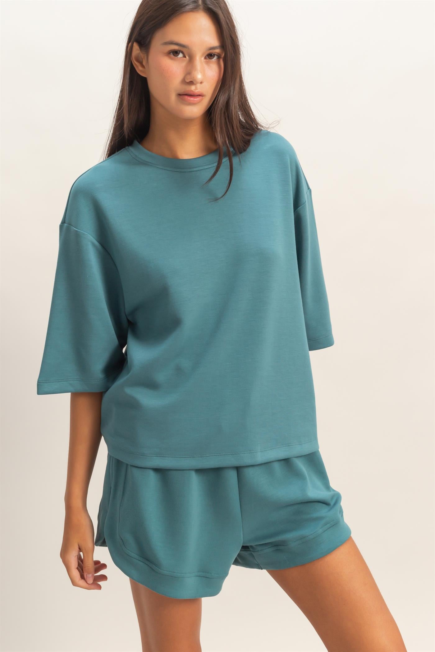 Wholesale Scuba Short Sleeve Boxy Top T-Shirts DZ26A271 DARK TEAL DOUBLE ZERO