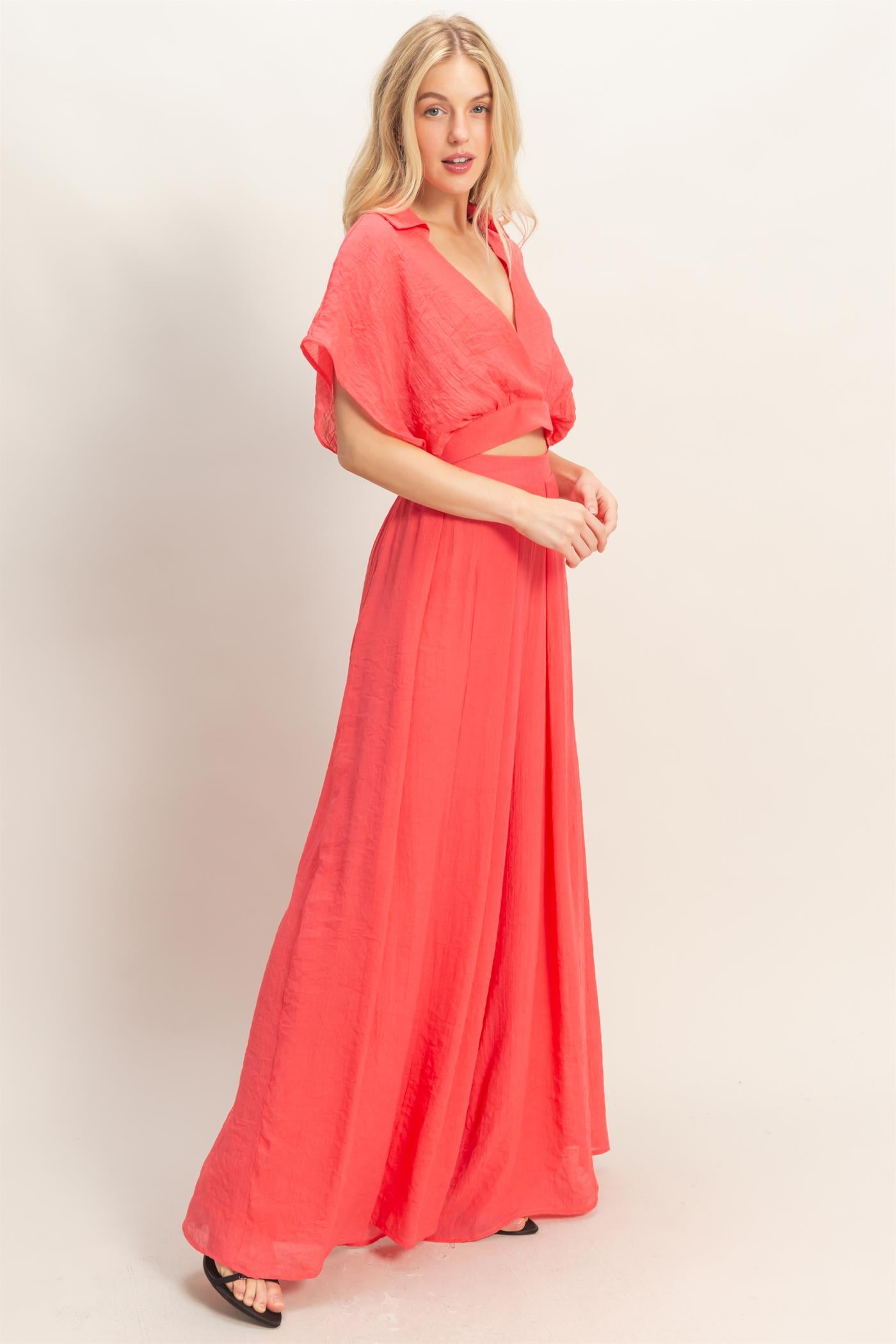 Wholesale Collared Wrap Top & Wide-Leg Pants Set Clothing HF26C286-SET-D CORAL RED HYFVE