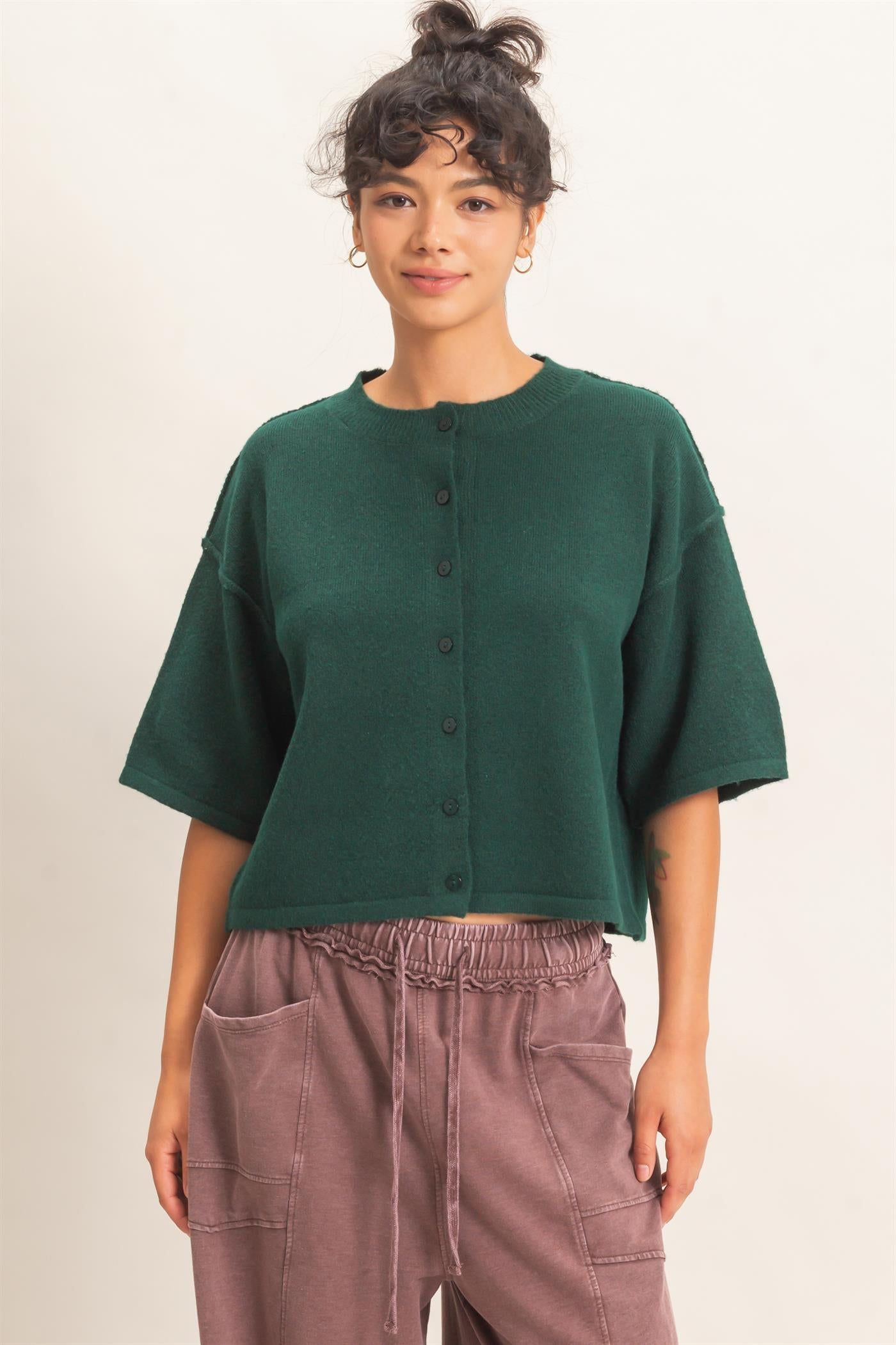 Wholesale Drop Shoulder Short Sleeve Cardigan Cardigans DZ26E238 DARK GREEN DOUBLE ZERO
