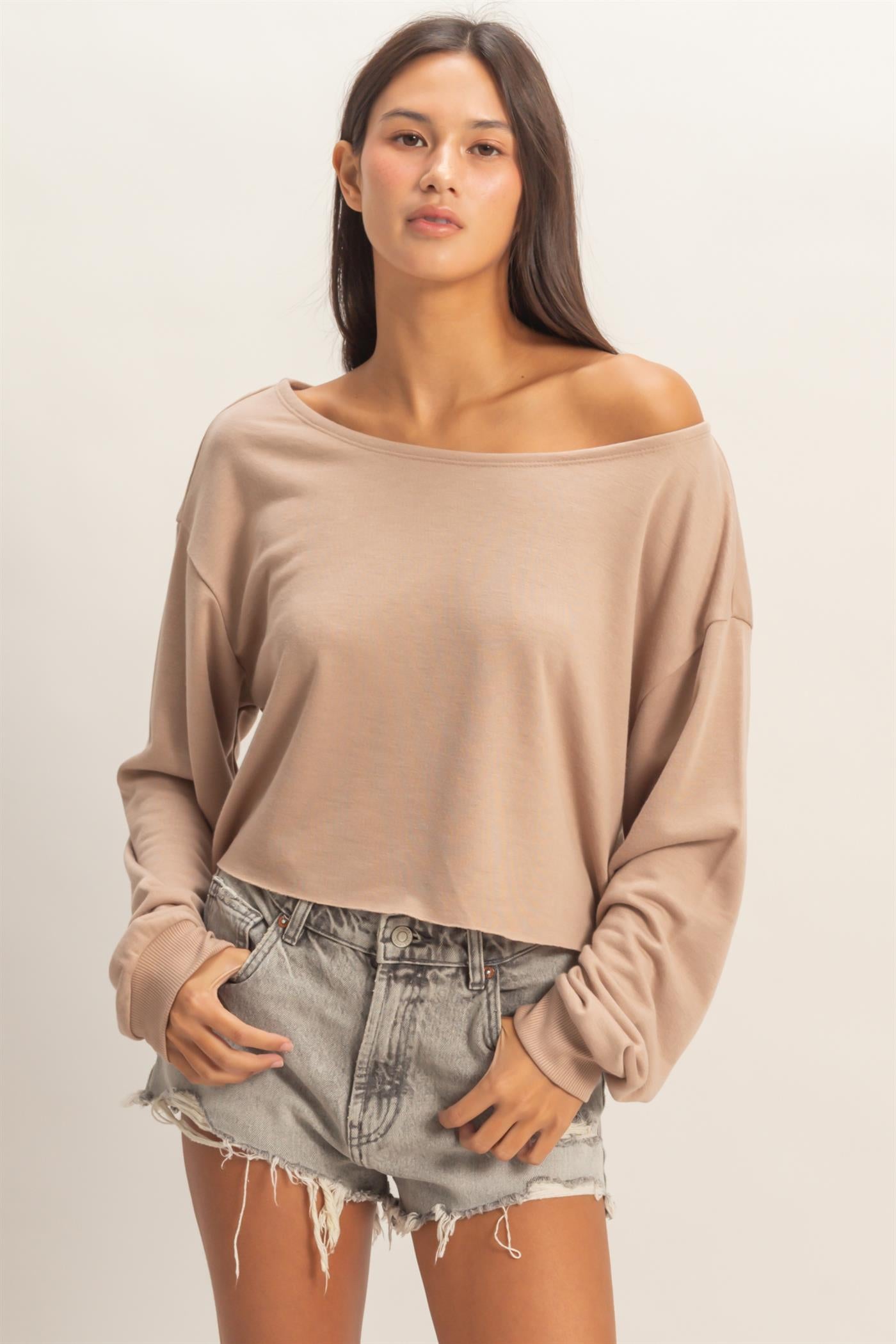 Wholesale Casually Cute Boat Neck Long Sleeve Top Clothing Tops DZ25C023 DARK TAUPE DOUBLE ZERO