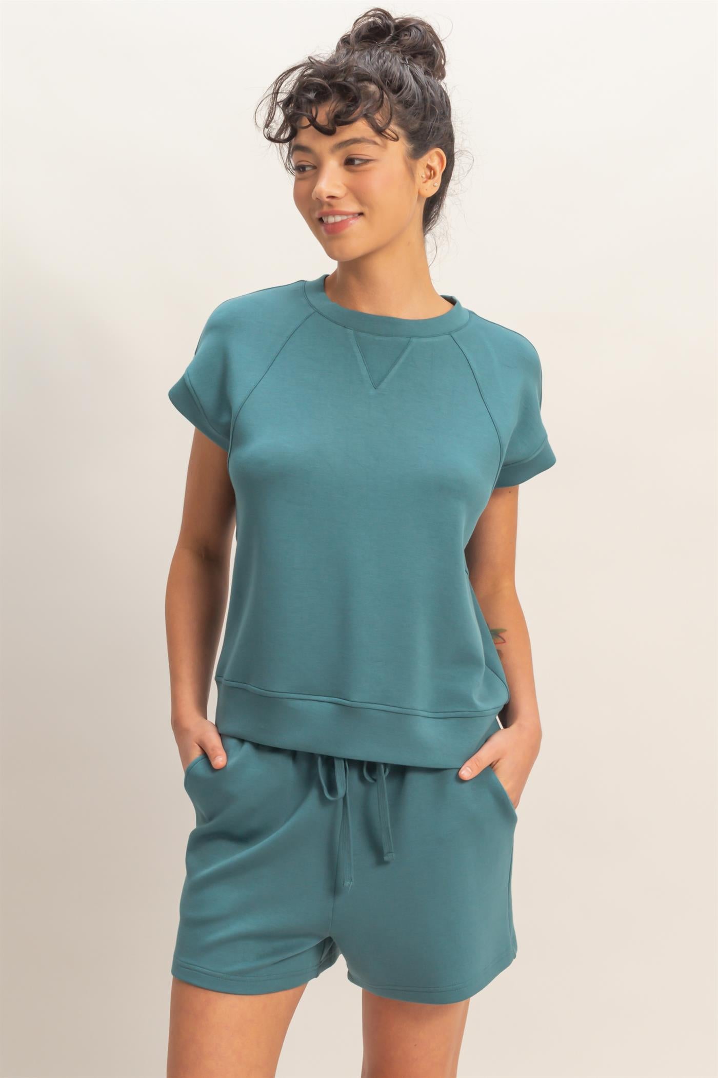 Wholesale Crew Neck Sleeveless Top And Shorts Set Clothing DZ26C575-SET DARK TEAL DOUBLE ZERO