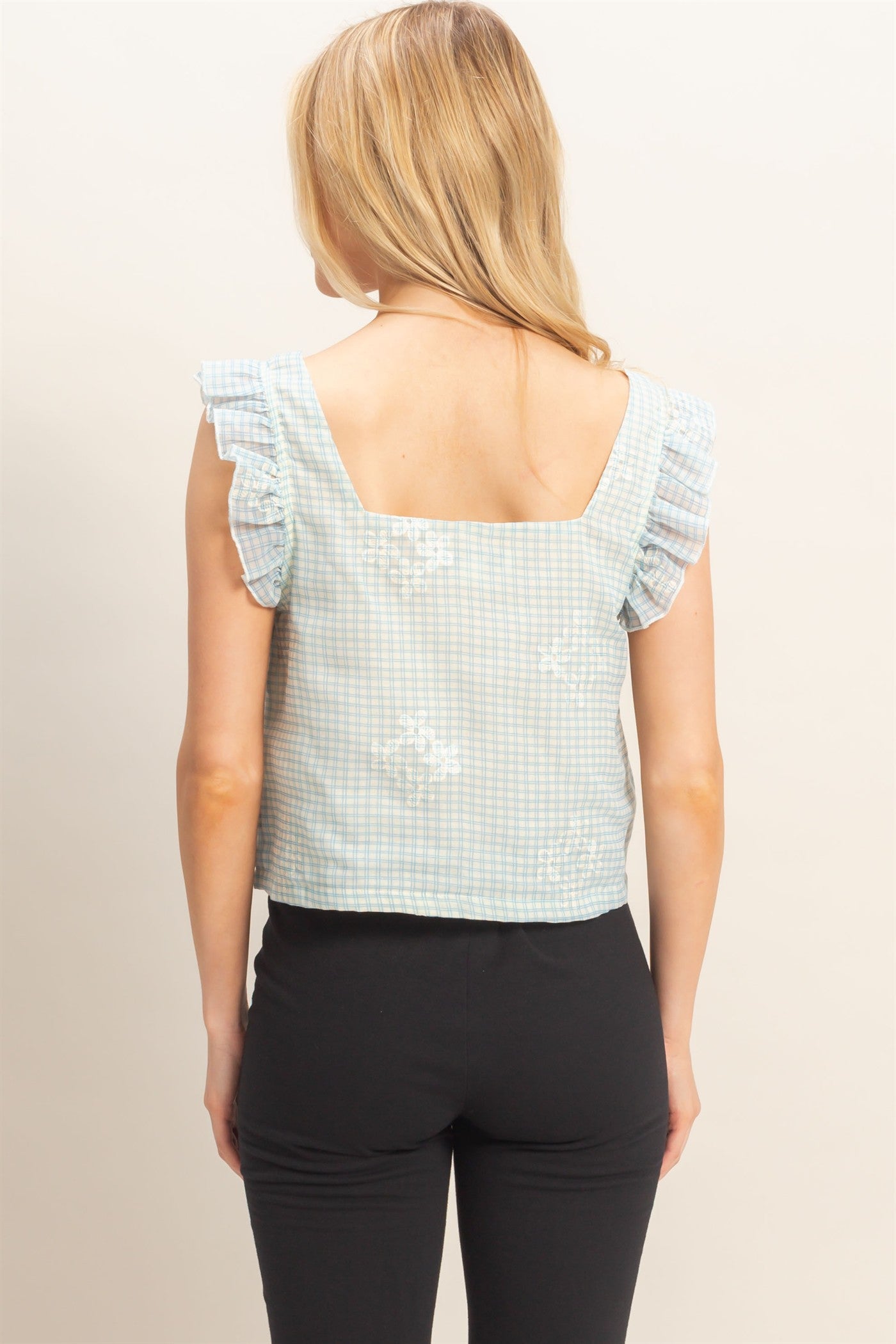 Wholesale Embroidered Gingham Tie Front Top Clothing HF26A501 BLUE HYFVE