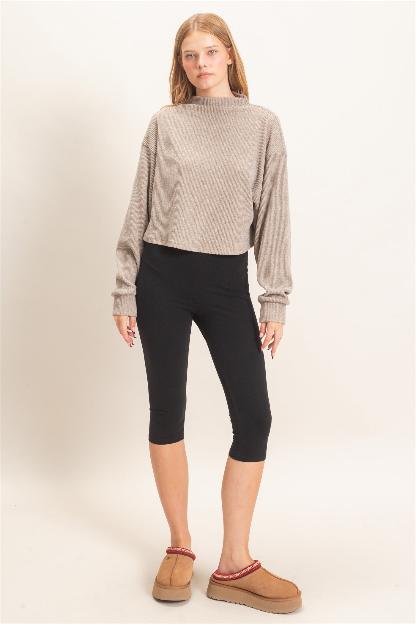 Wholesale Ribbed Mock Neck Top Clothing Tops HF26F030 BEIGE HYFVE