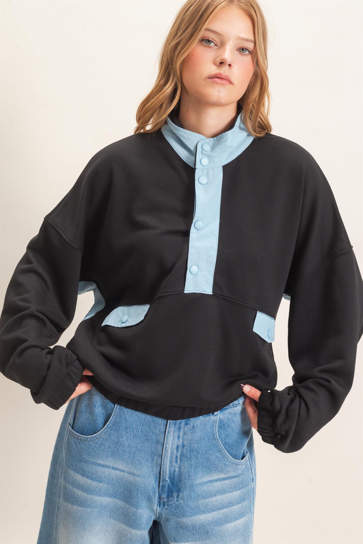 Wholesale Contrast Button-Up Collar Top Clothing Tops HF26C875 BLACK HYFVE