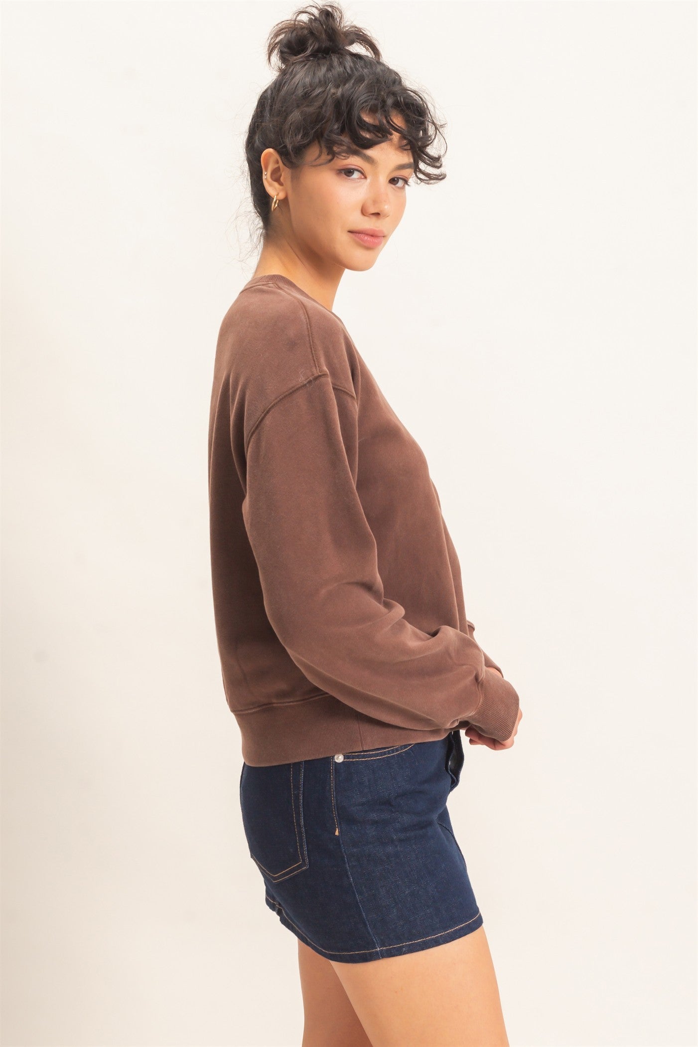 Wholesale Acid Wash Crew Neck Sweatshirt Sweatshirts DZ26E082 DARK BROWN DOUBLE ZERO