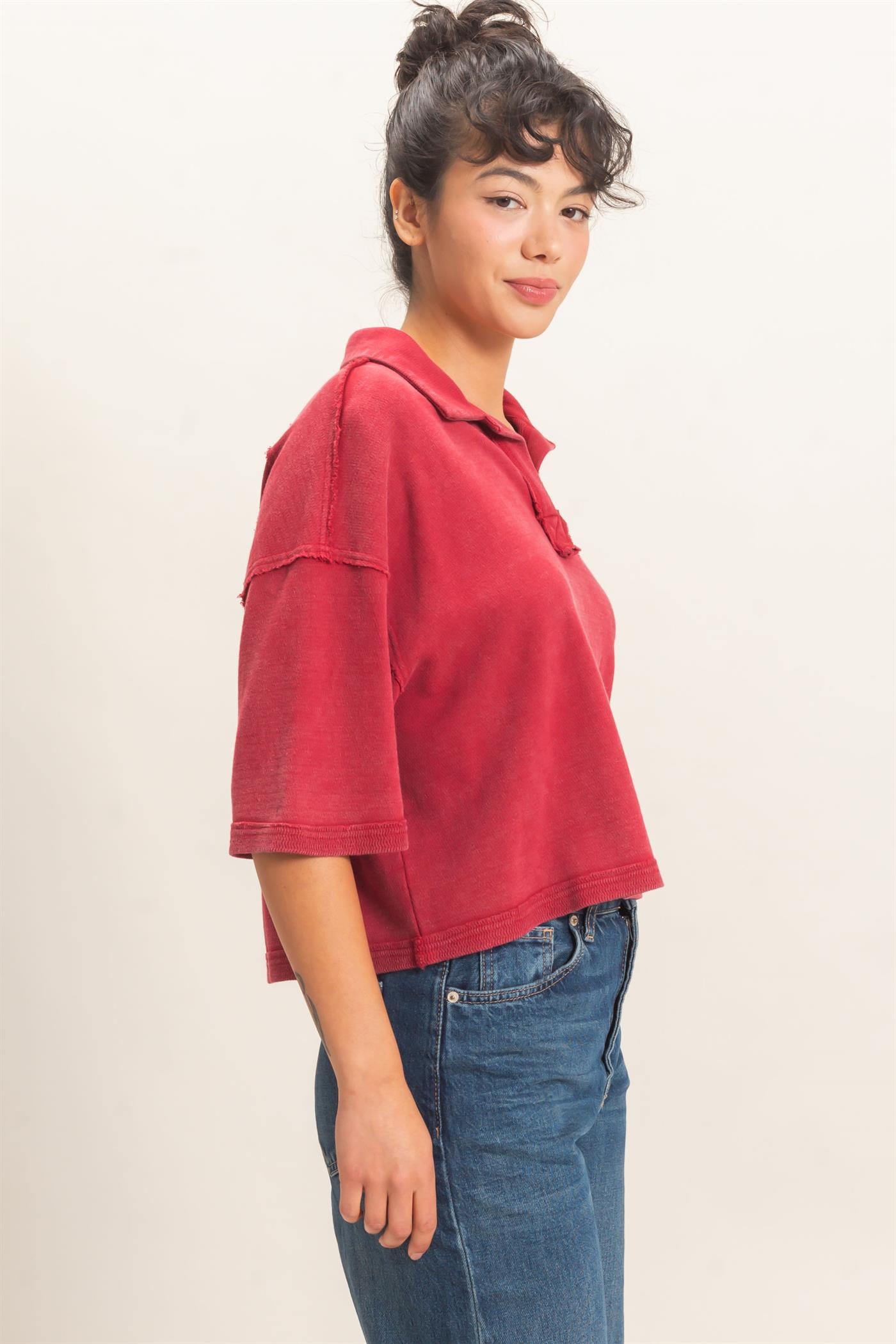 Wholesale Mineral Wash Oversized Collar Short Sleeve Top Clothing Tops DZ26E813 DARK RED DOUBLE ZERO