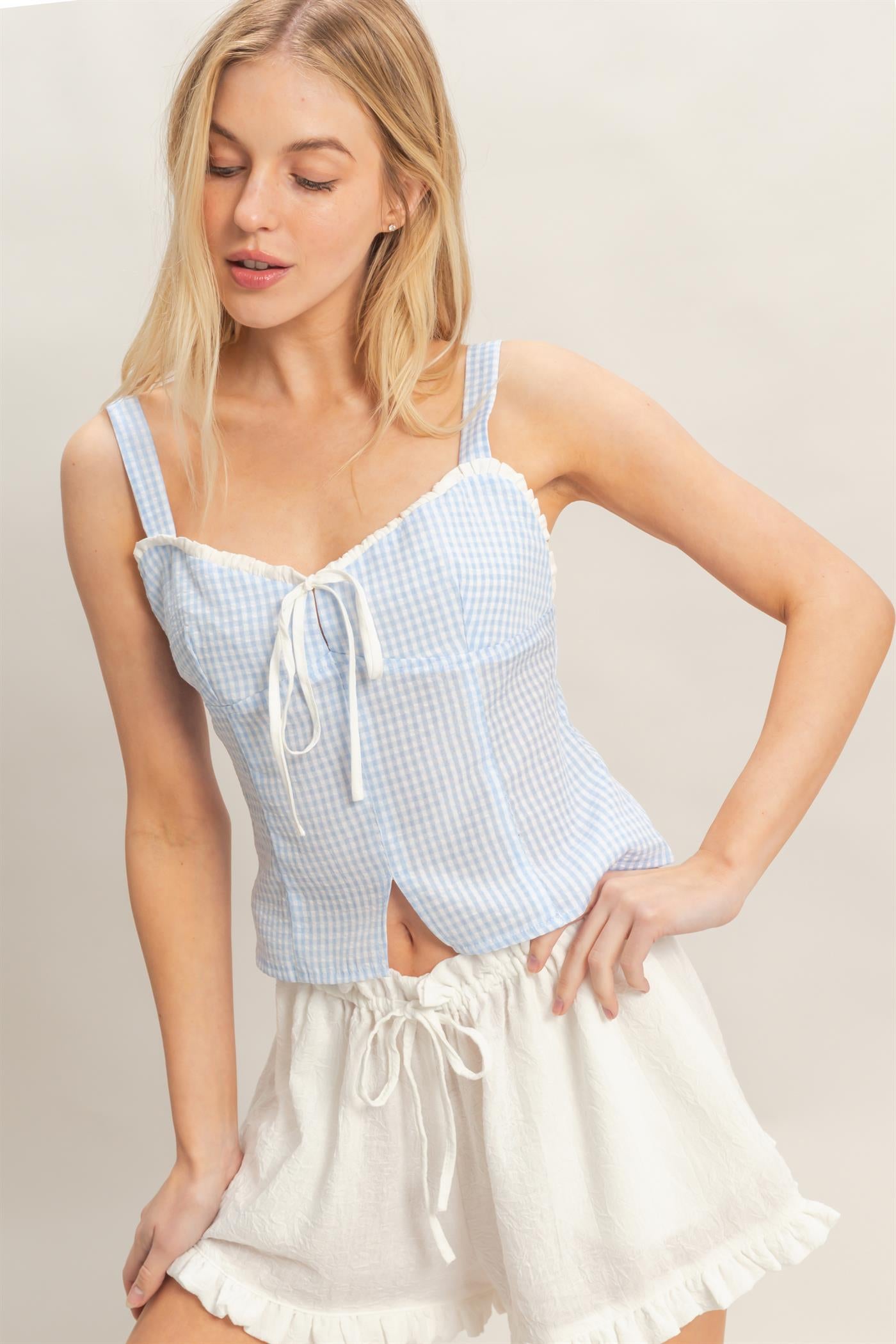 Wholesale Gingham Tie Front Tank Top Tank Tops HF26A013 L.BLUE HYFVE
