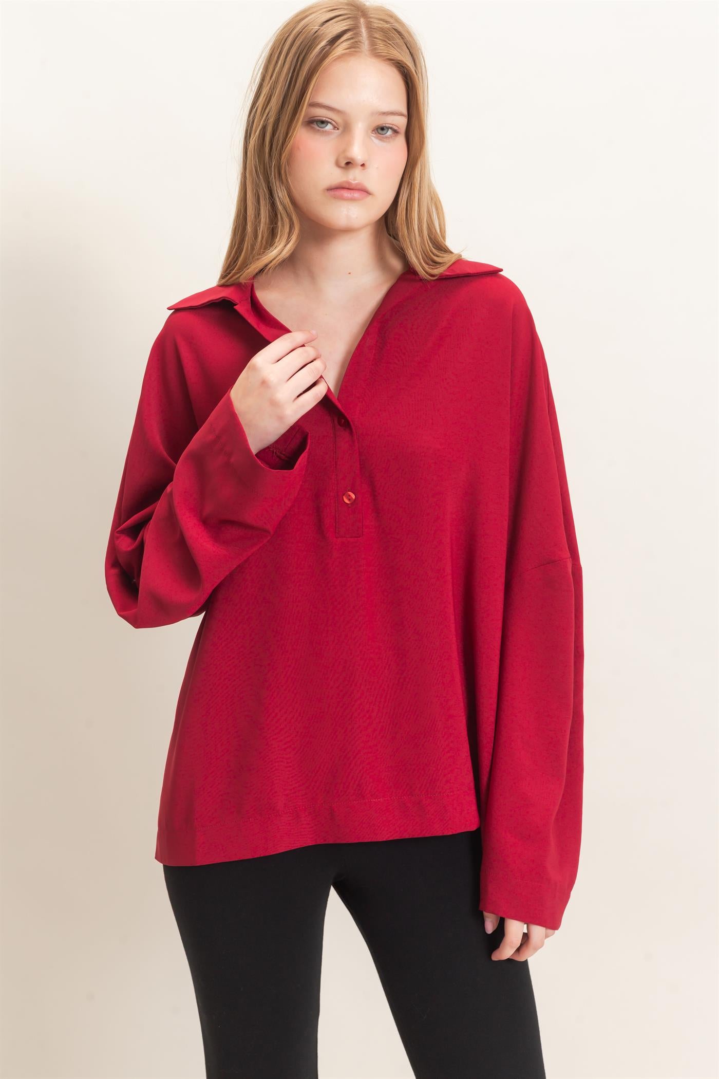 Wholesale Buttoned Collar Split Sleeve Top Clothing Tops HF26F071 BURGUNDY HYFVE