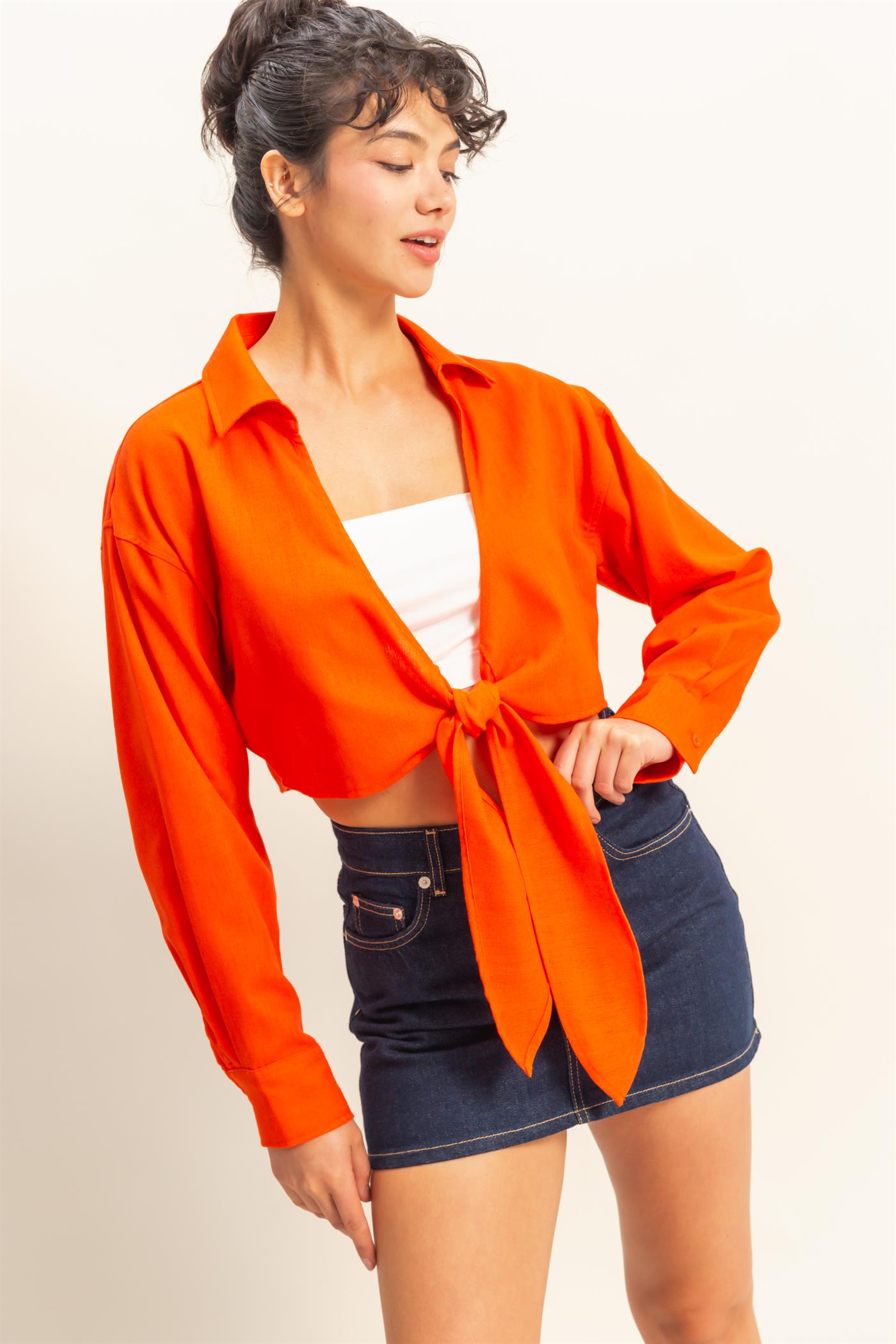 Wholesale Sand Washed Tie Front Crop Top Blouses DZ24C963 TOMATO DOUBLE ZERO