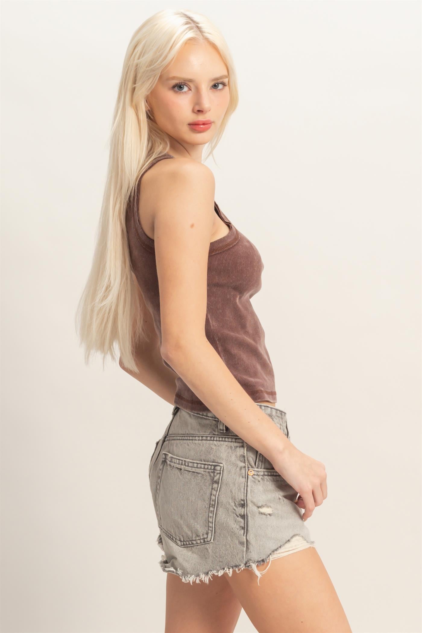 Wholesale Acid Washed Ribbed Tank Top Tank Tops DZ26A336 CHOCOLATE DOUBLE ZERO