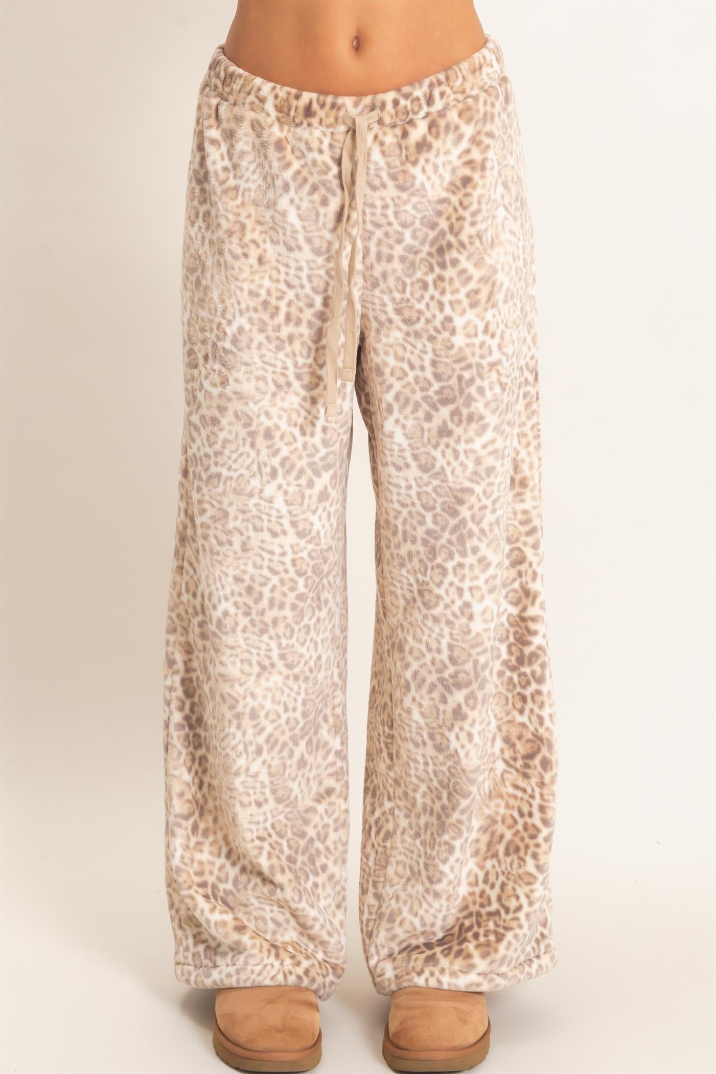 Wholesale Leopard Print Fleece Wide-Leg Pants Pants DZ26E829 BEIGE DOUBLE ZERO