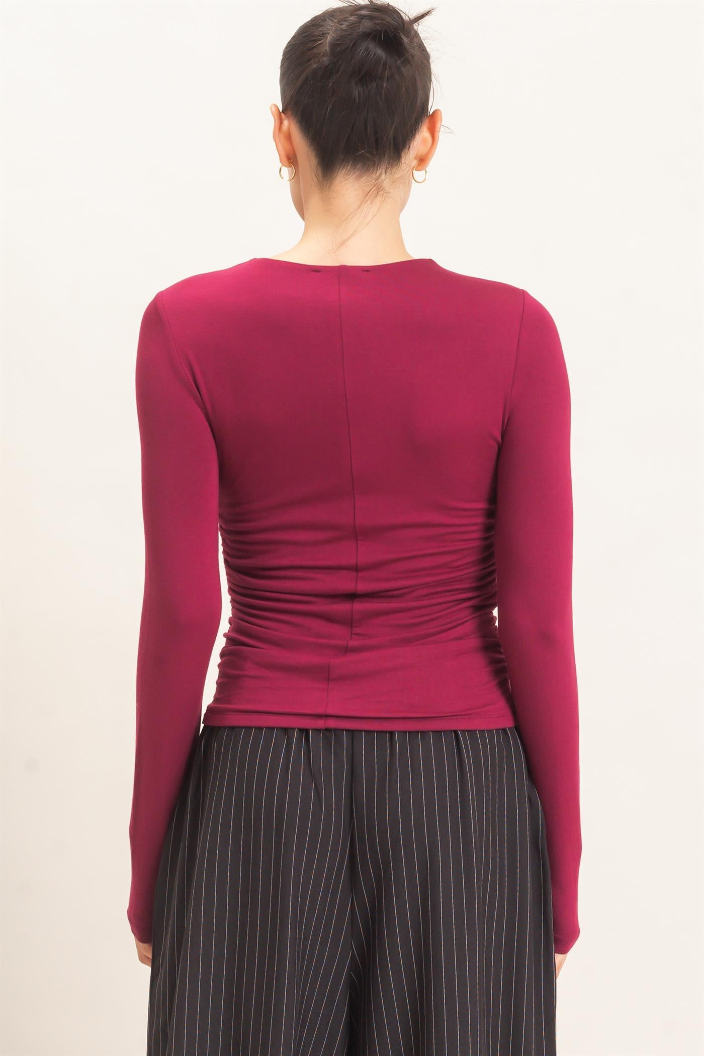 Wholesale Ruched Long Sleeve Top Clothing Tops HF26E776 BURGUNDY HYFVE