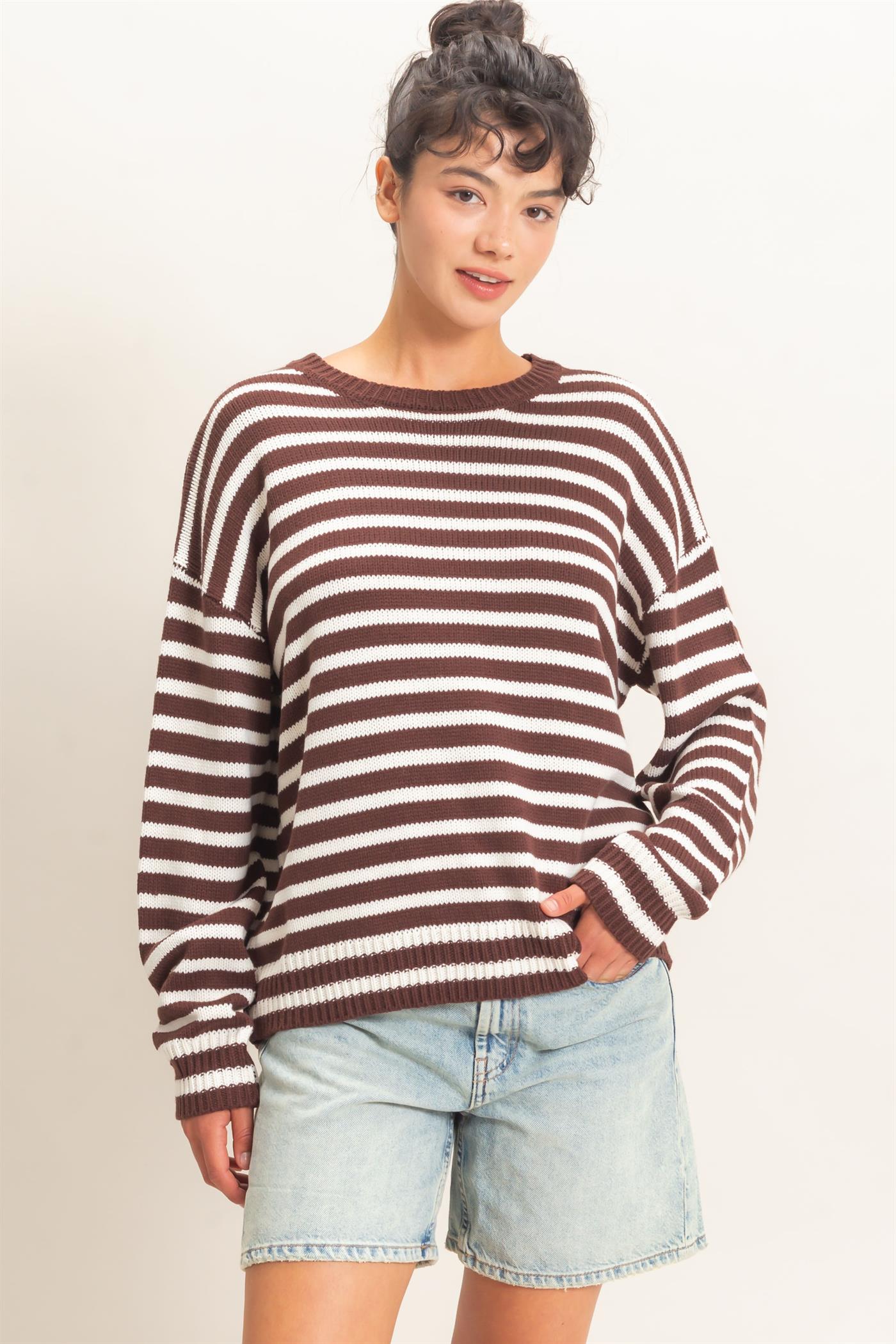 Wholesale Striped Crew Neck Sweater Sweaters DZ26E237 DARK BROWN DOUBLE ZERO