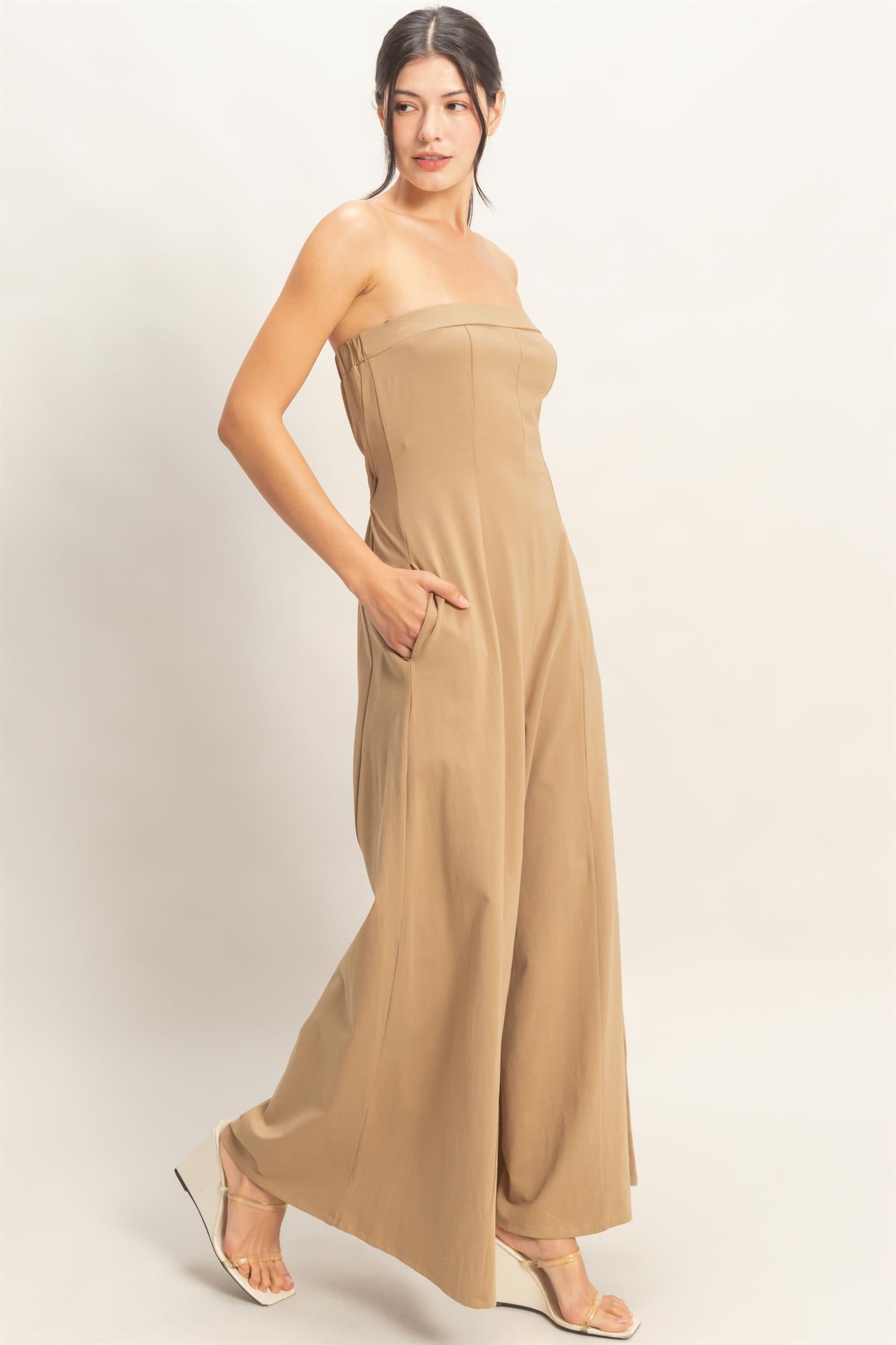 Wholesale Strapless Wide-Leg Jumpsuit Clothing HF26C314 TOBACCO BROWN HYFVE