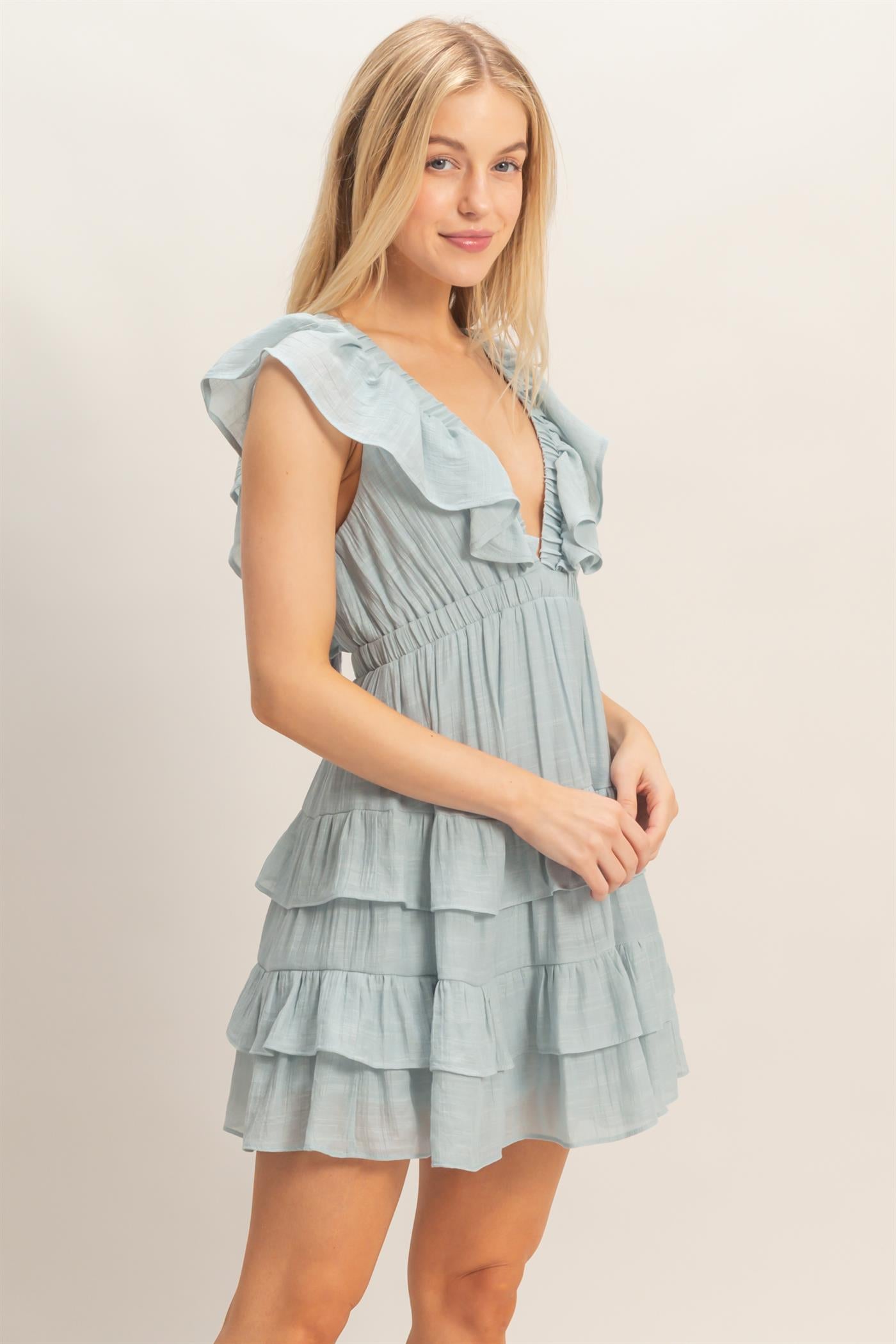 Wholesale Ruffle V-Neck Tiered Mini Dress Dresses HF26C283-D D.BLUE DOUBLE ZERO