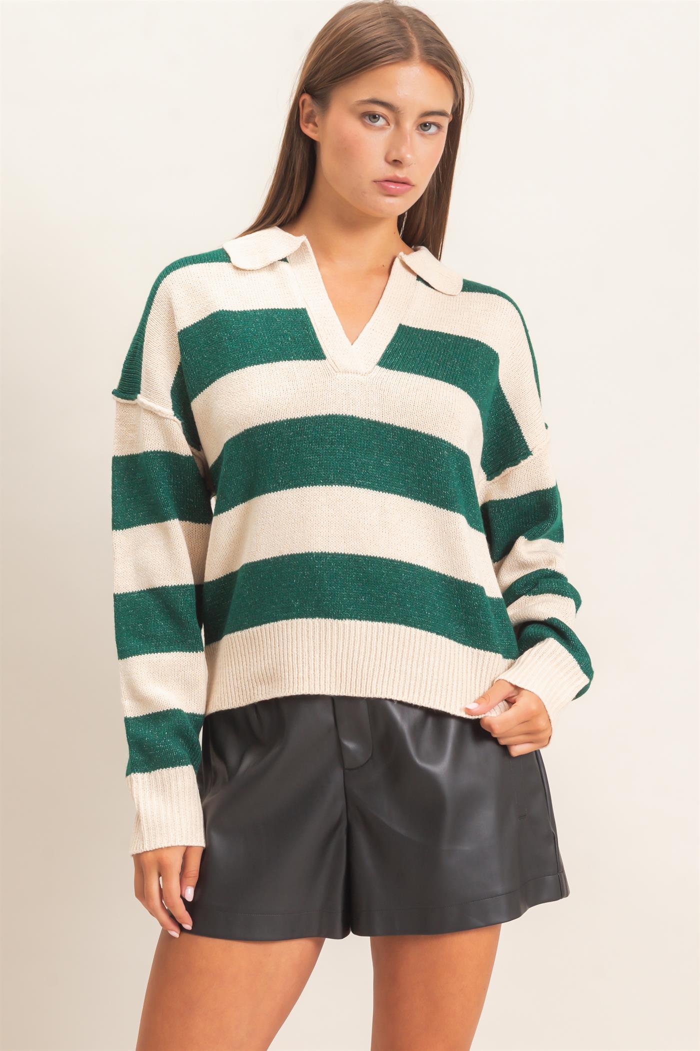 Wholesale Rugby Stripe Polo Sweater Sweaters DZ26E297 DARK GREEN DOUBLE ZERO