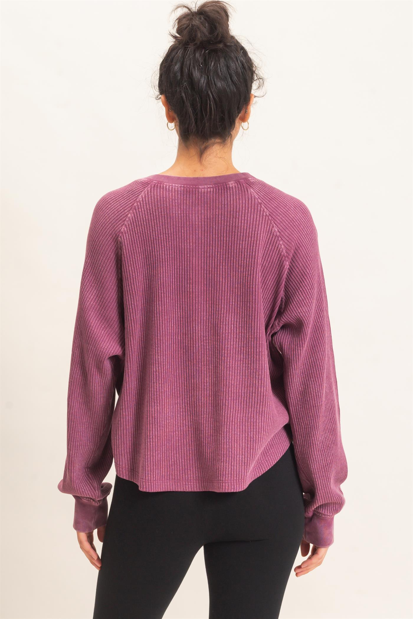Wholesale Mineral Wash Waffle Knit Henley Top Sweatshirts DZ26E947 DARK CHERRY DOUBLE ZERO