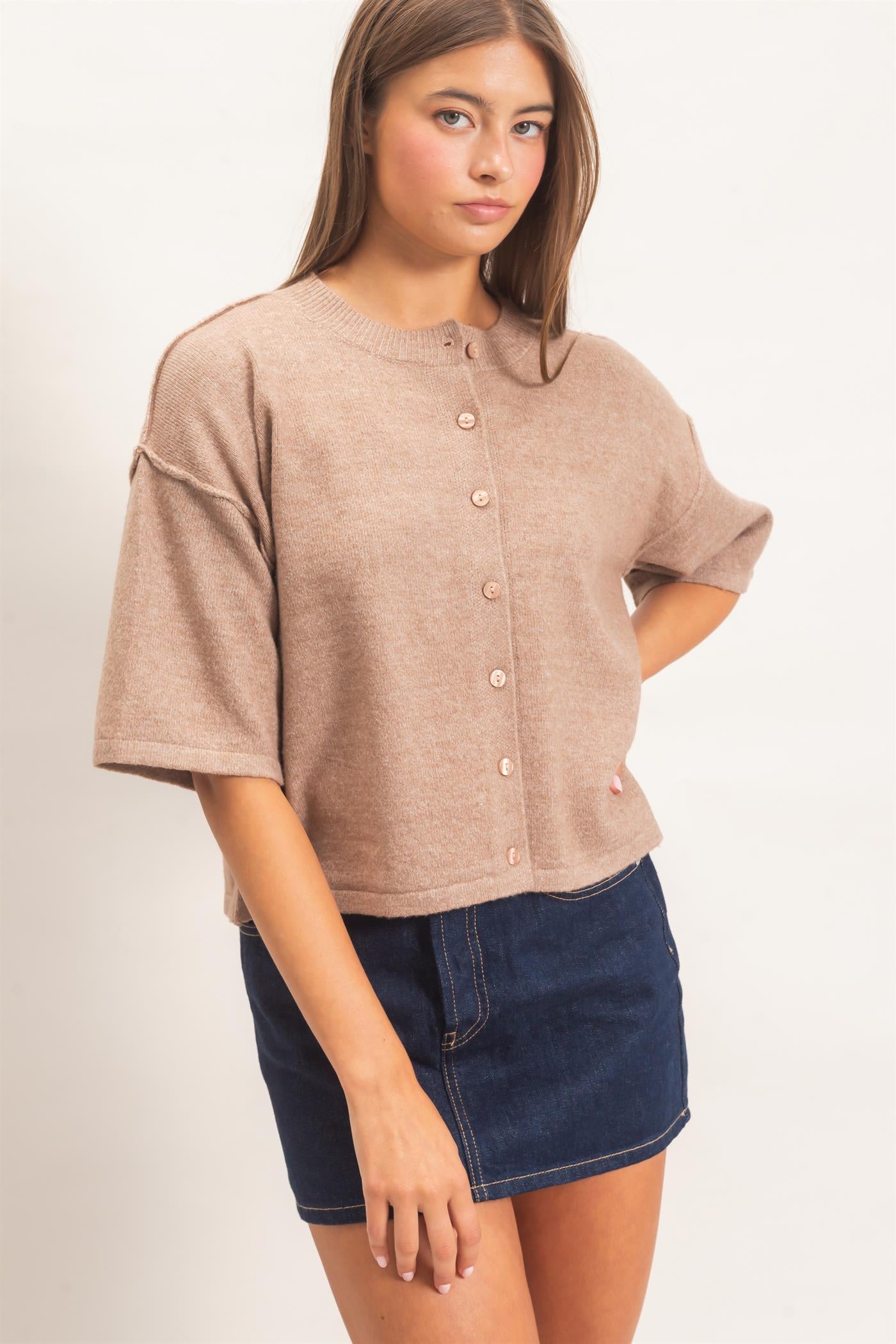 Wholesale Drop Shoulder Short Sleeve Cardigan Cardigans DZ26E238 DARK TAUPE DOUBLE ZERO