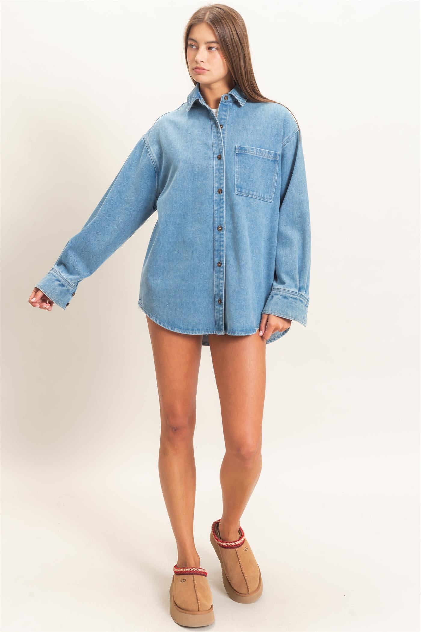 Wholesale Denim Button-Up Collar Shirt Clothing Tops DZ26F410 MEDIUM BLUE DOUBLE ZERO
