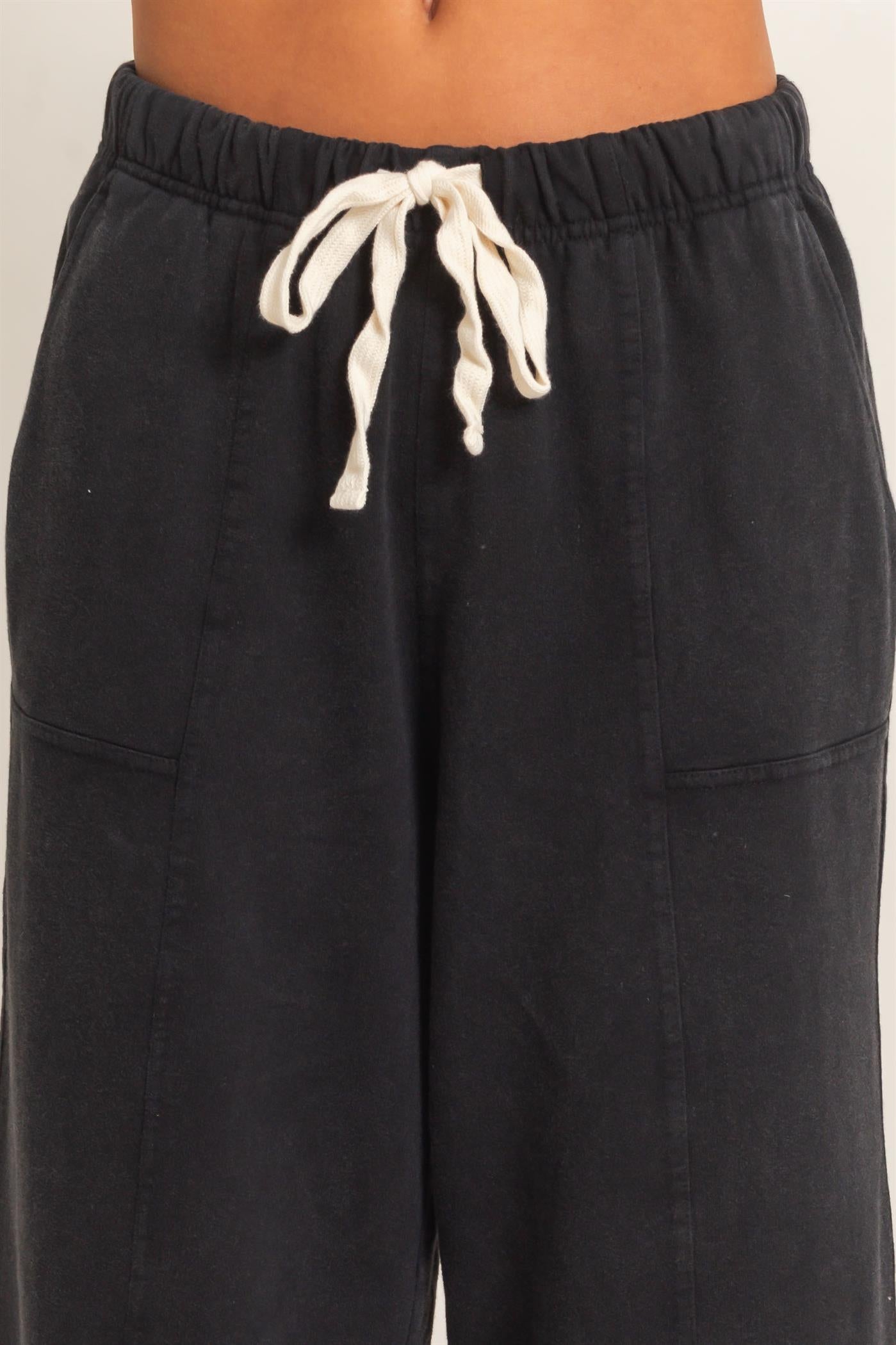 Wholesale Acid Wash Drawstring Waist Wide Leg Pants Pants DZ25A685 BLACK DOUBLE ZERO