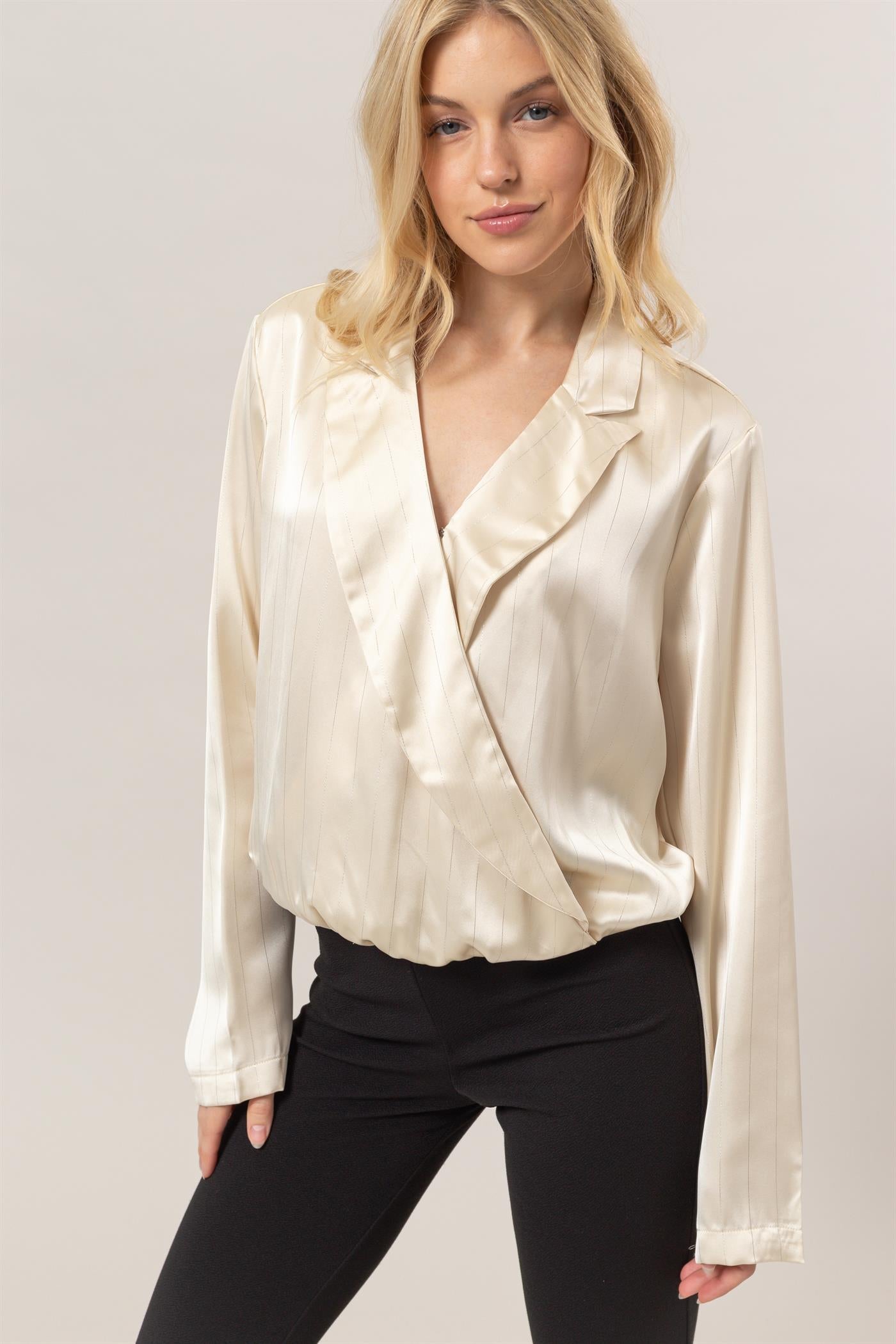 Wholesale Sophisticated Lurex Striped Wrap Blouse Clothing Tops HF25C383 CHAMPAGNE HYFVE