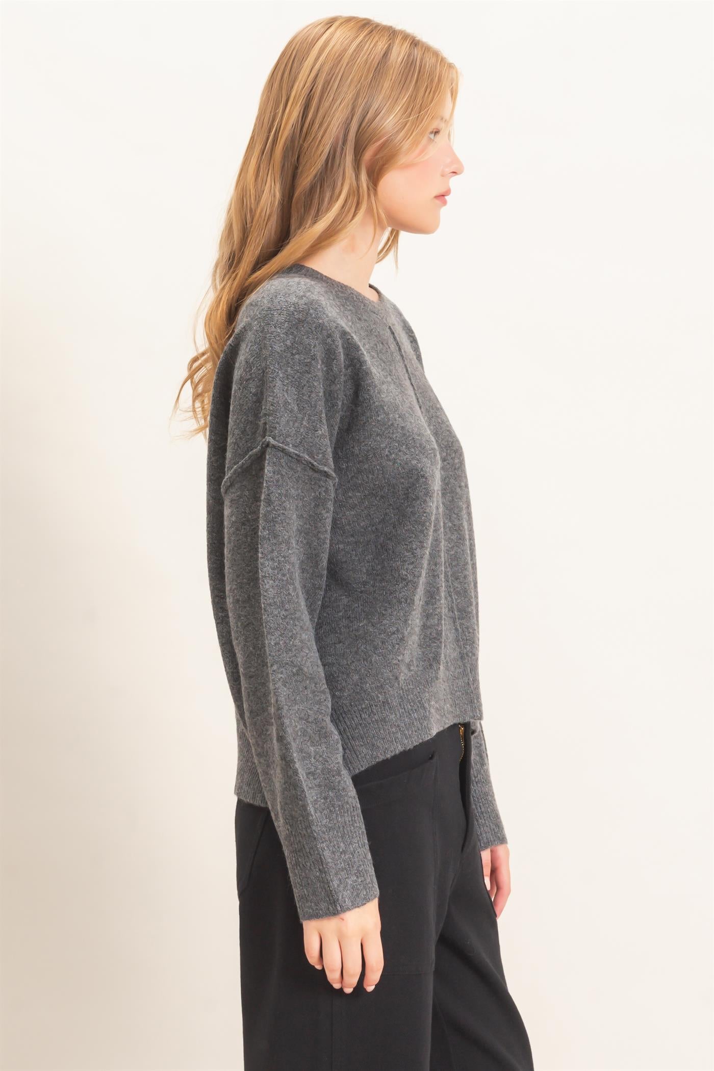 Wholesale Crew Neck Sweater With Ribbed Hem Sweaters HF26E203-D CHARCOAL HYFVE