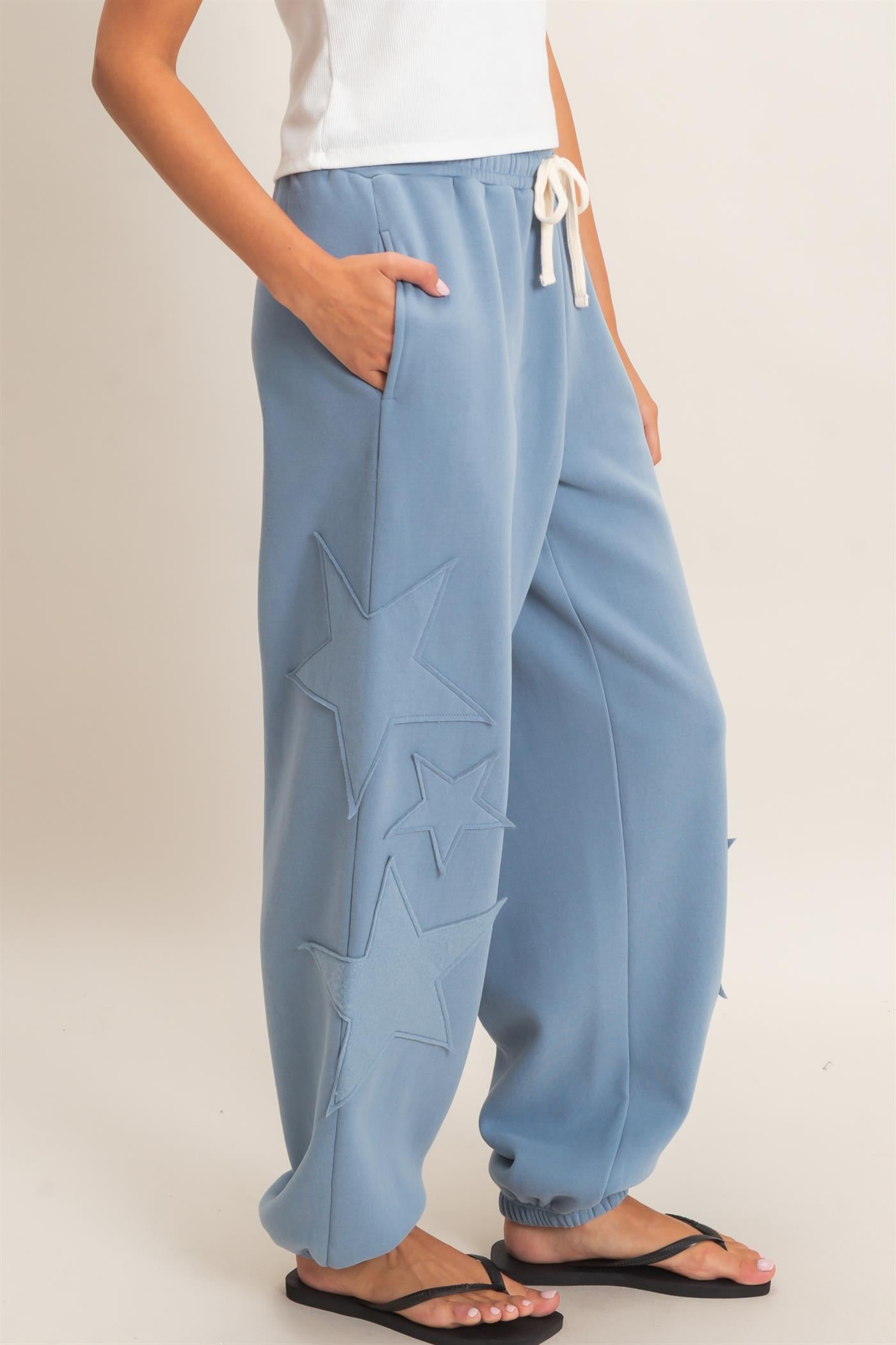 Wholesale Star Patch Jogger Pants Joggers DZ26E889 DUSTY BLUE DOUBLE ZERO
