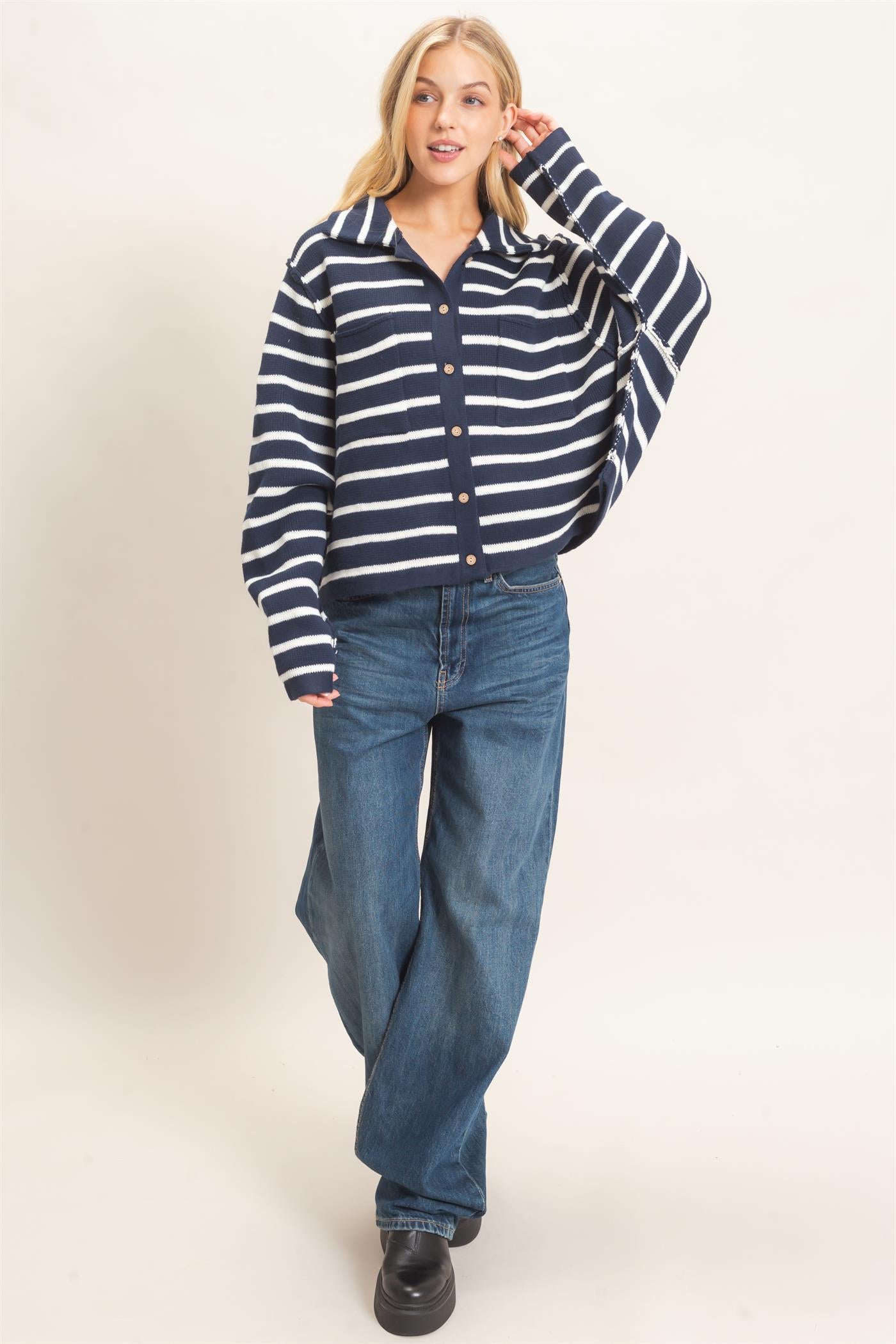 Wholesale Striped Button Front Cardigan Sweaters HF26F197 NAVY HYFVE