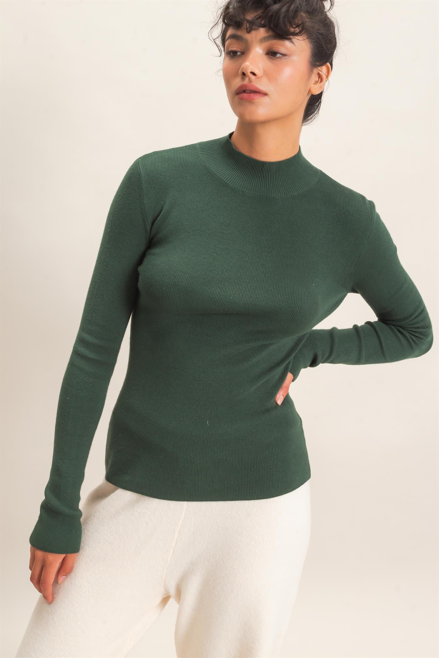 Wholesale Ribbed Mock Neck Long Sleeve Knit Top Clothing Tops DZ26F201 DARK GREEN DOUBLE ZERO