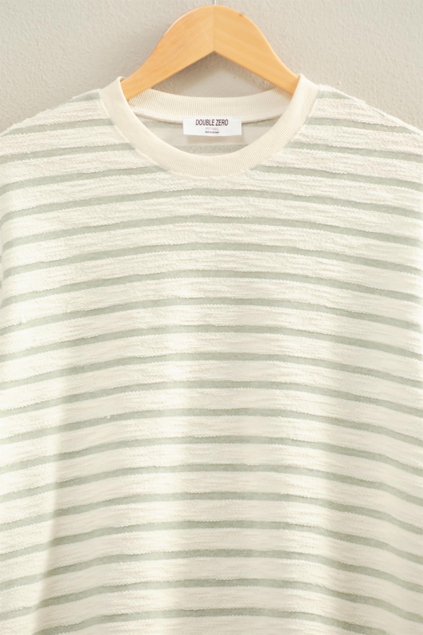 Wholesale Striped Short Sleeve Terry Crew Neck Top Clothing Tops DZ26A887 SAGE GREEN DOUBLE ZERO