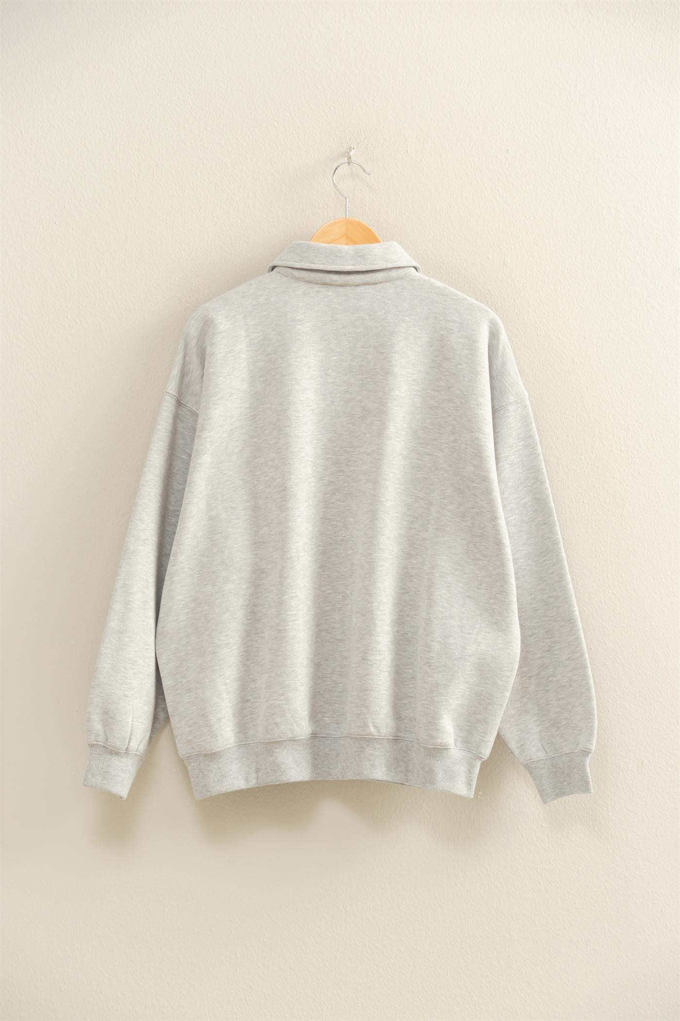 Wholesale Oversized Polo Collared Pullover Sweatshirts DZ25F074 HEATHER GRAY DOUBLE ZERO