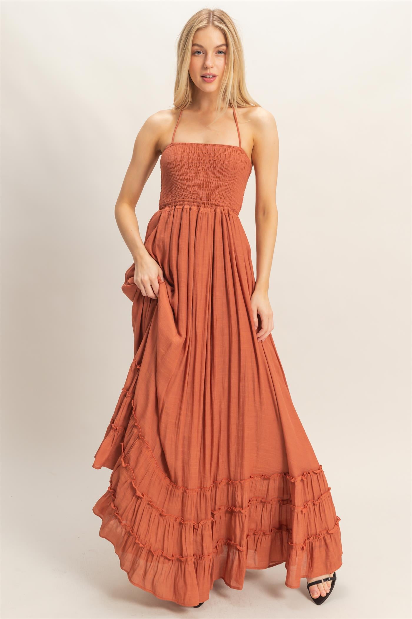 Wholesale Smocked Halter Maxi Dress Dresses HF26C290-D RUST HYFVE