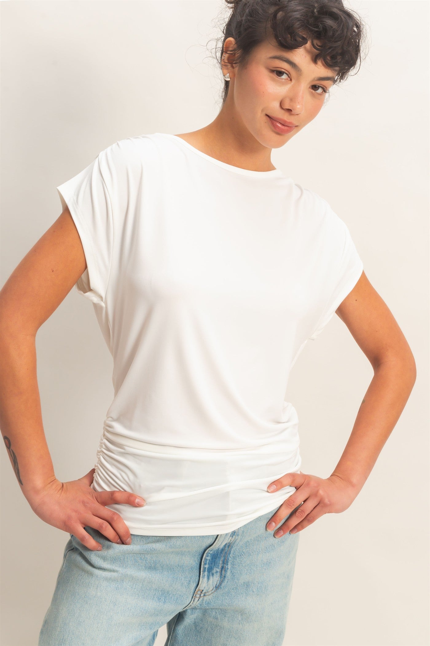 Wholesale Cowl Back Draped Cap Sleeve Top Clothing Tops DZ26C025 WHITE DOUBLE ZERO