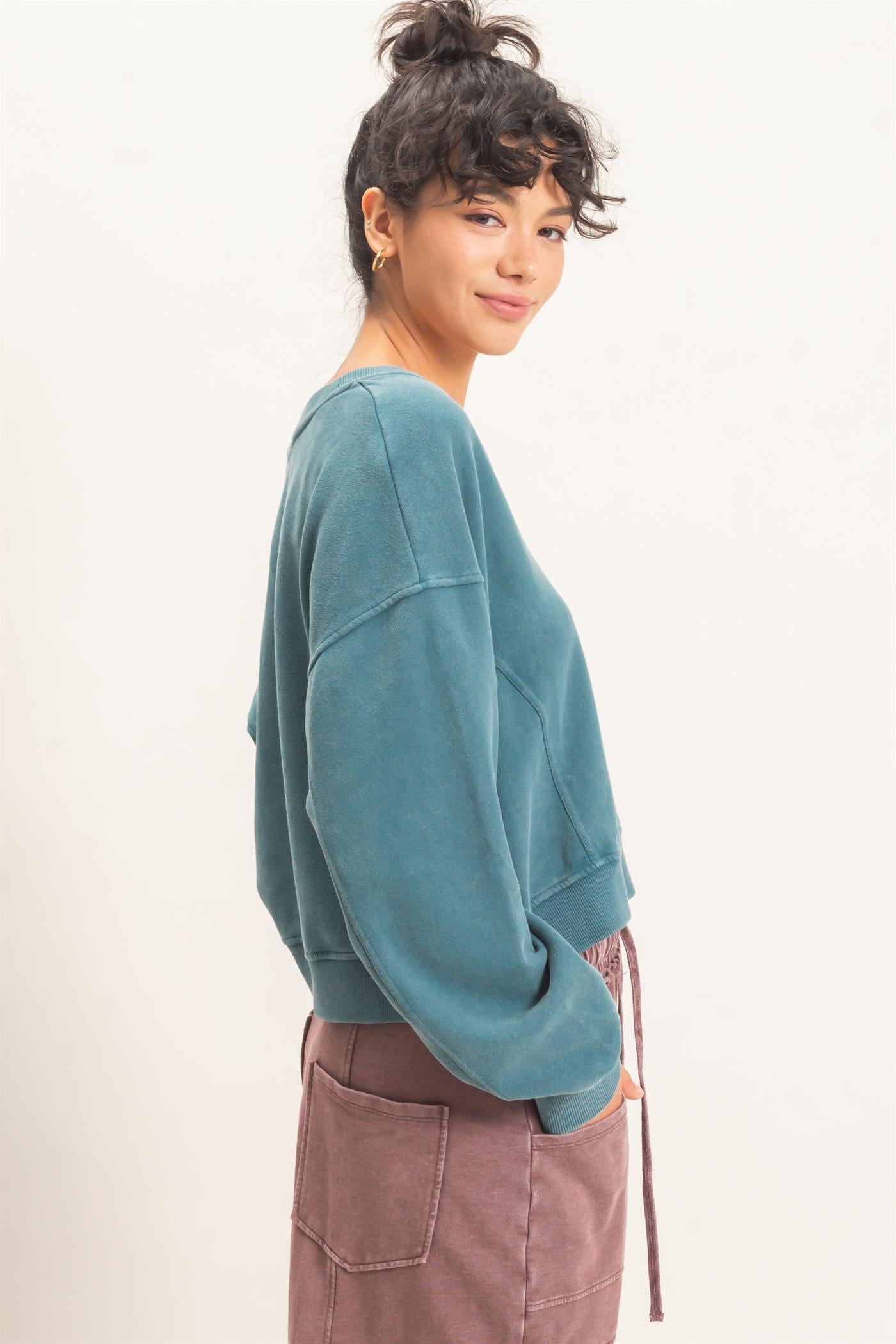 Wholesale Snow Wash V-Neck Sweatshirt Sweatshirts DZ26C844 DARK TEAL DOUBLE ZERO