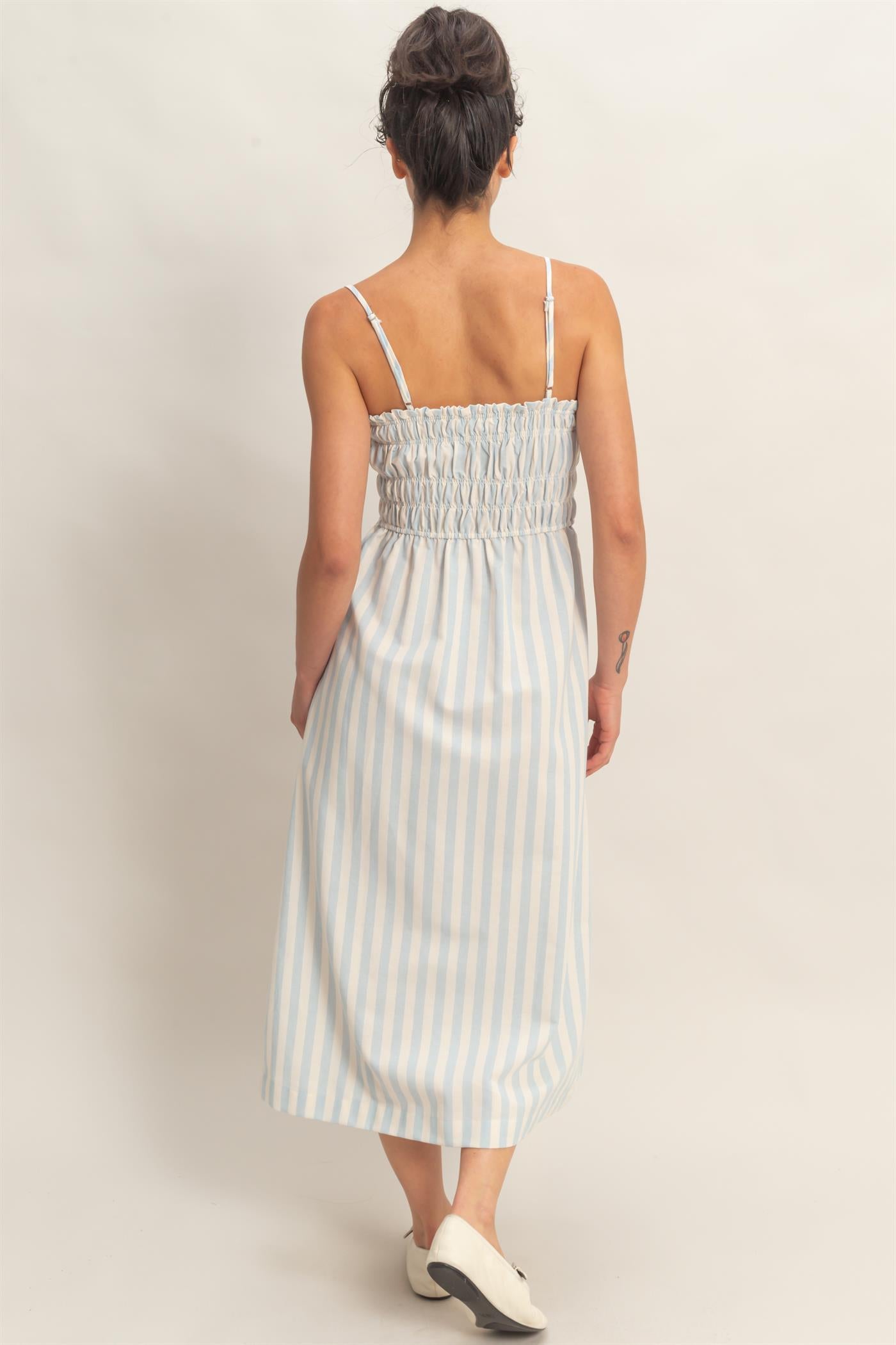 Wholesale Striped Spaghetti Strap Smocking Midi Dress Dresses DZ26C191 BLUE DOUBLE ZERO