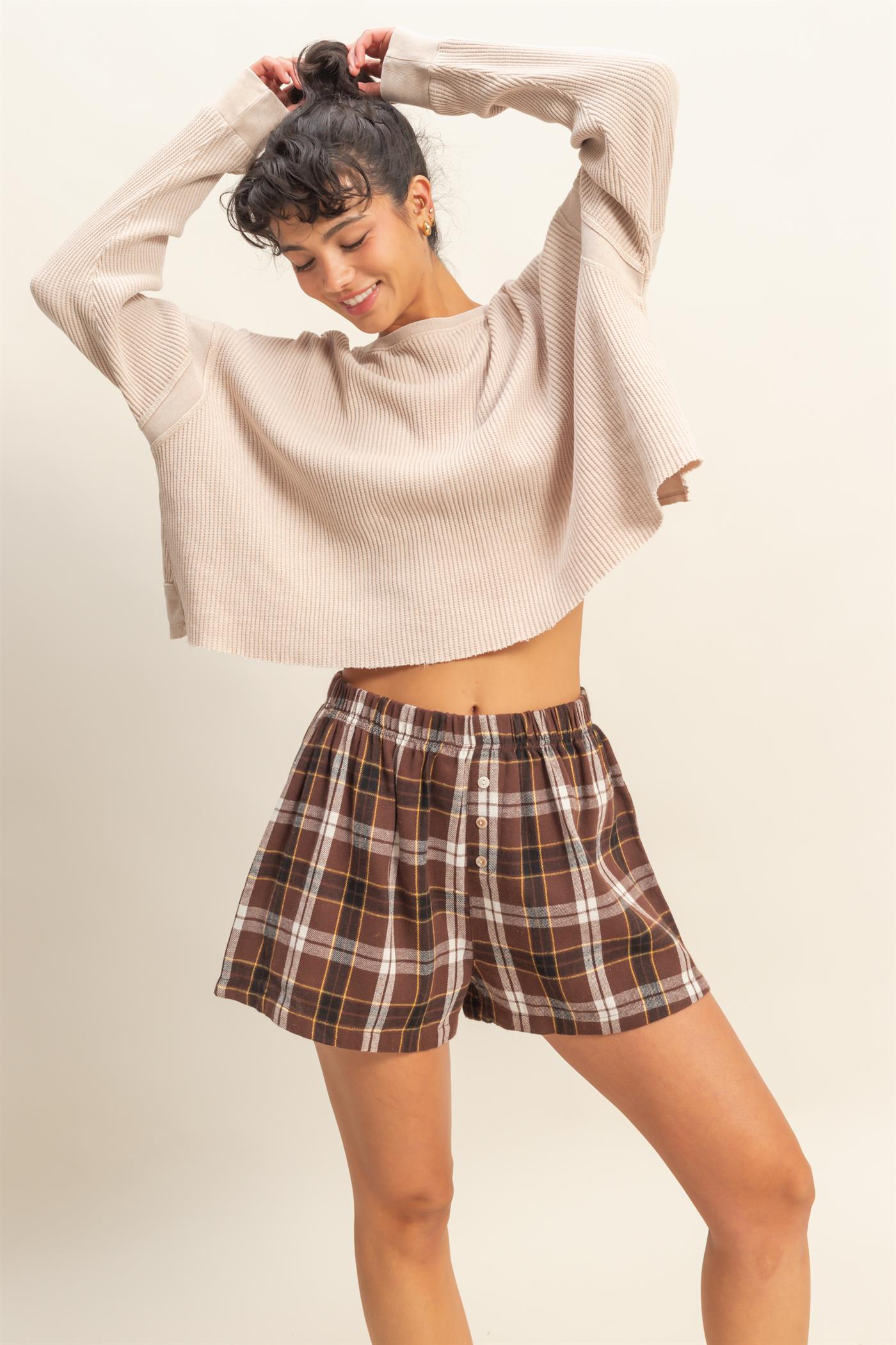 Wholesale Button-Front Plaid Boxer Shorts Shorts DZ25F483 BROWN DOUBLE ZERO